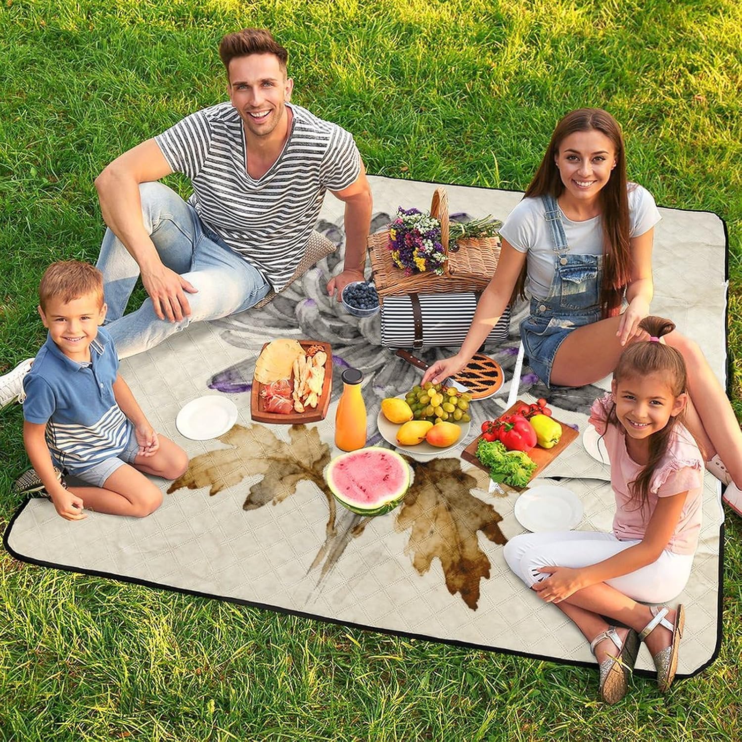 Gray Chrysanthemum Flower Picnic Blanket with Zipper Water Resistant Sand Free Picnic Mat Washable Foldable Easy Carry Beach Blanket for Lawn Beach Hiking Camping