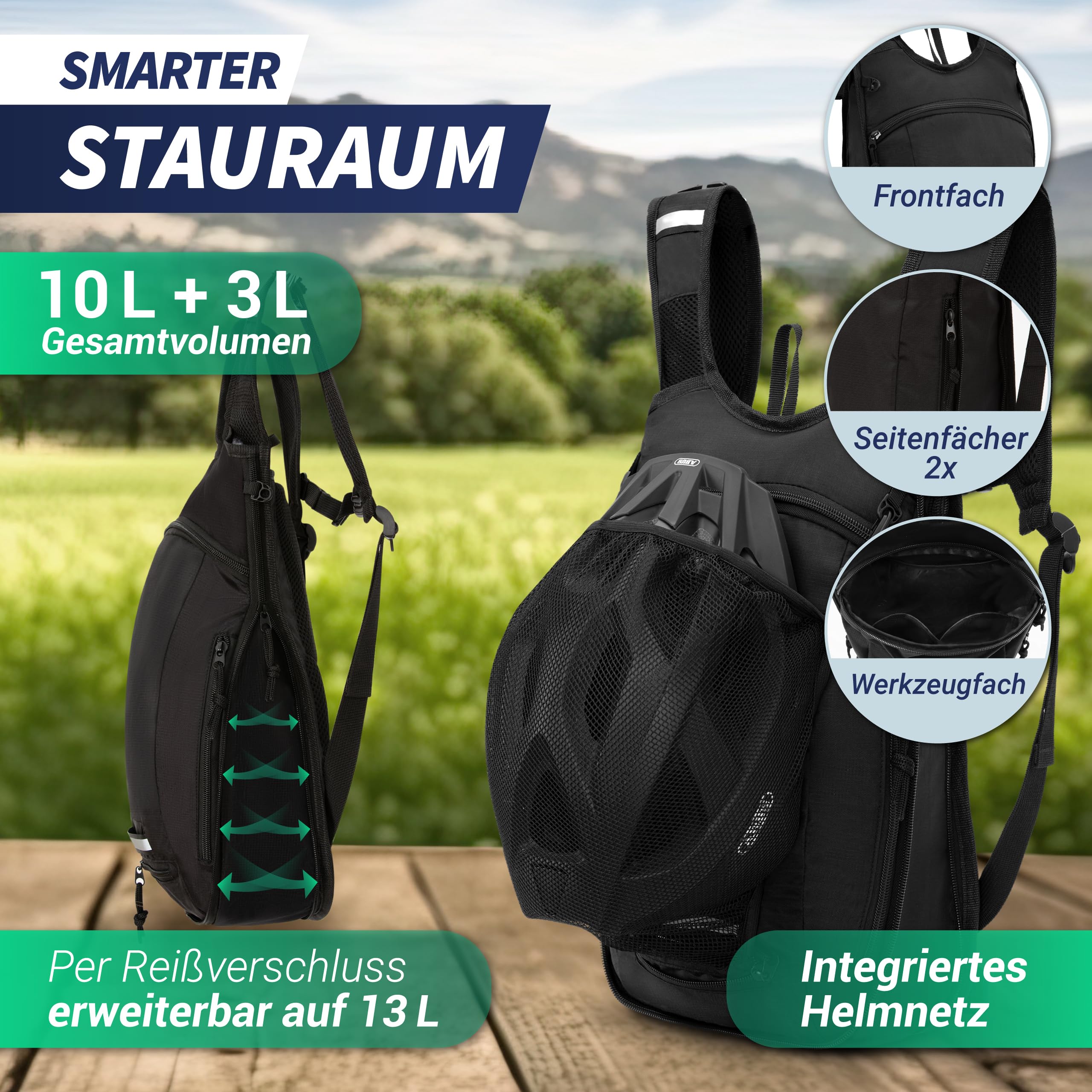 SASMO® Fahrradrucksack & Skirucksack 6L / 8L / 10+3L / 14+3L mit Thermofach, Helmnetz & Regenschutz | Ultraleicht - MTB Rucksack Herren & Damen | Kleiner Fahrradrucksack Herren & Damen