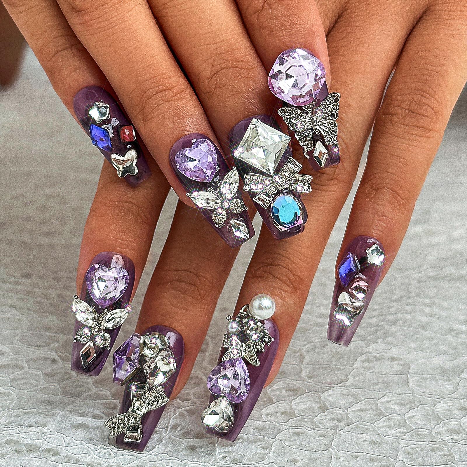 Sethexy Luxury Purple Rhinestone Handmade Fake Nail 3D Heart Crystals Long Coffin Press on Nails Butterfly Bow Bunny False Nail Salon Quality Nails