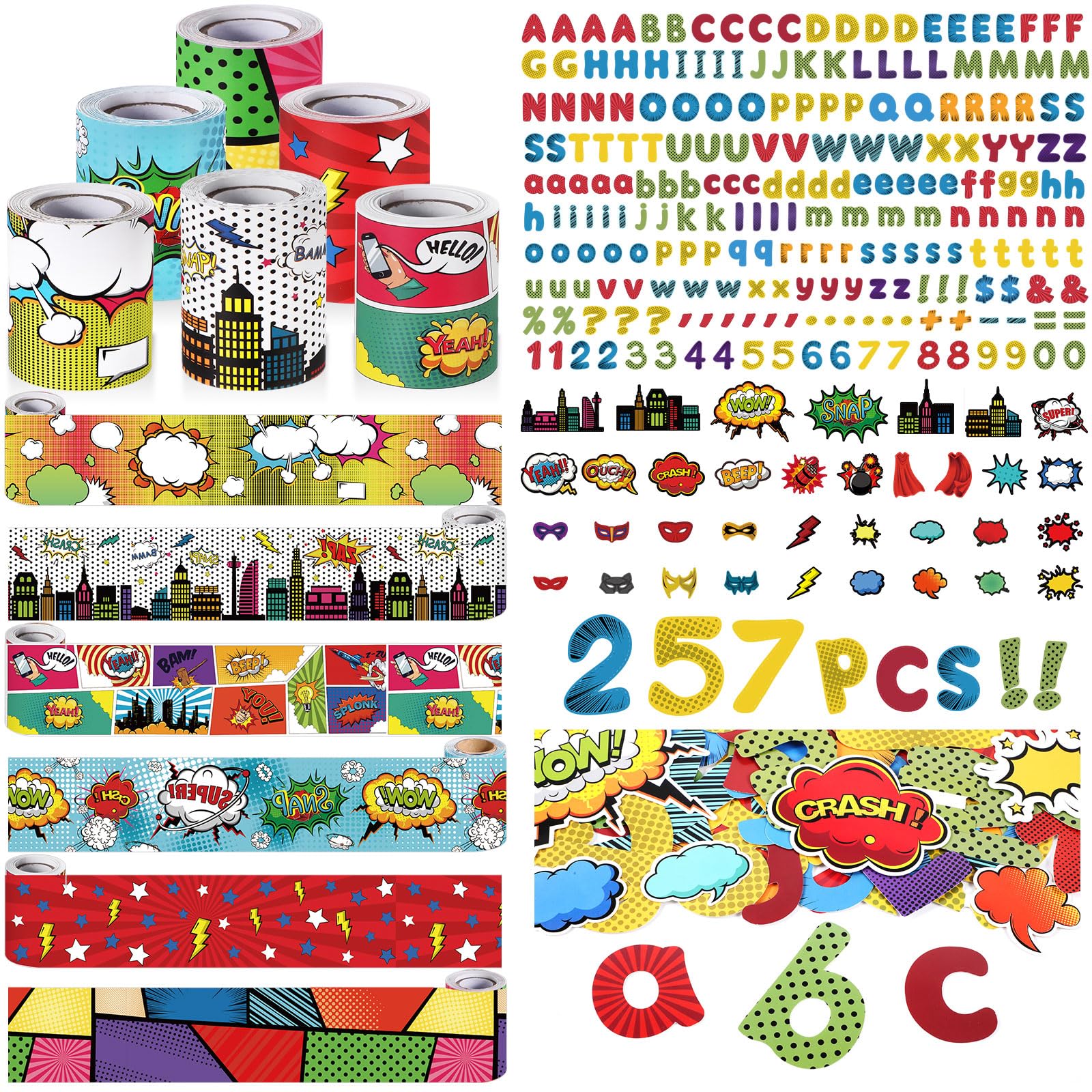 Kosiz Colorful Bulletin Board Decoration Set 118 ft Scalloped Bulletin Board Borders Classroom Poster Border Trim with 257 Pcs Letter Number Symbol