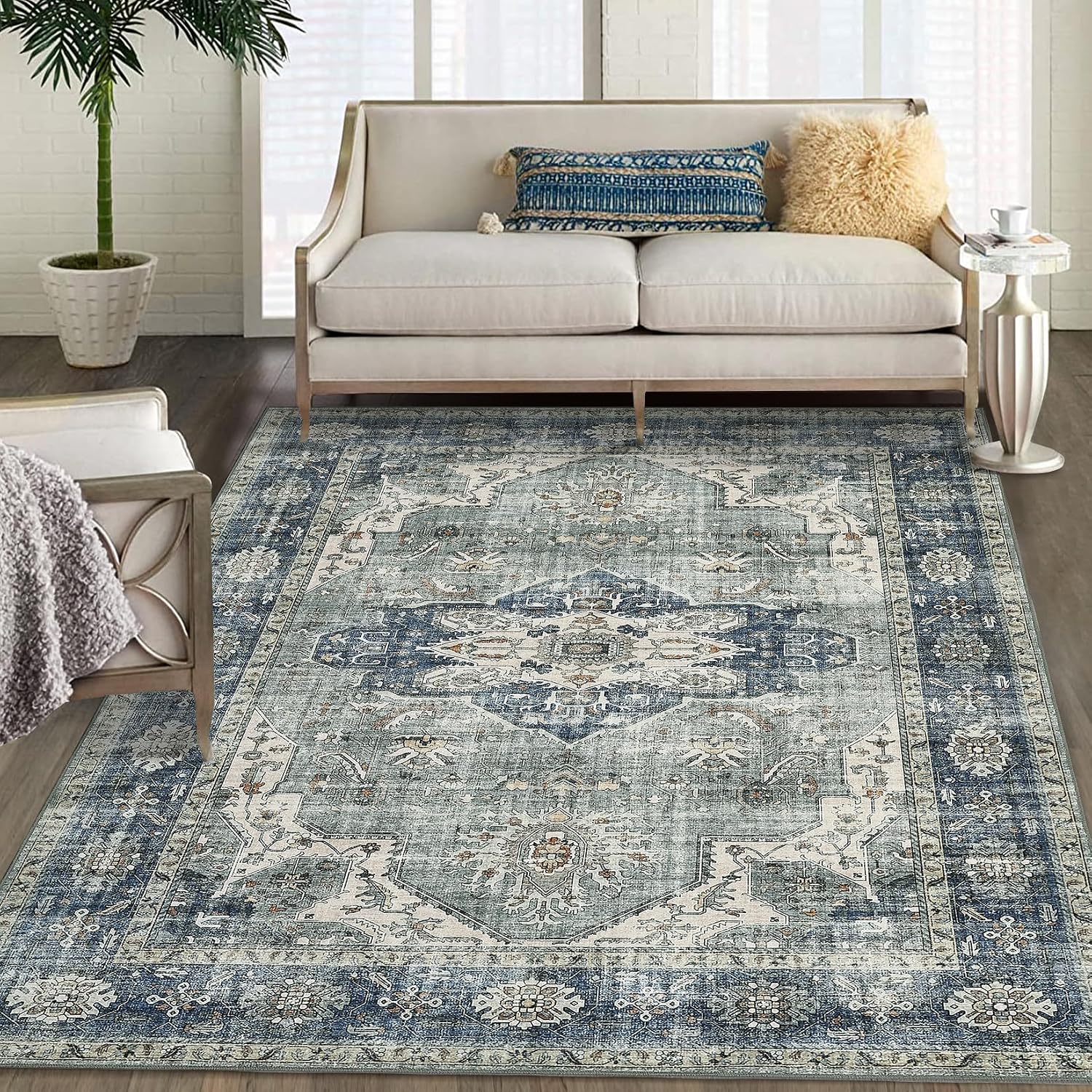 COZYLOOM Vintage Washable Rug 6x9 Area Rugs for Living Room Large Non Slip Bedroom Rug Ultra-Thin Non-Shedding Floor Carpet Indoor Soft Oriental Carpet for Dining Room Nursery Playroom Office Blue