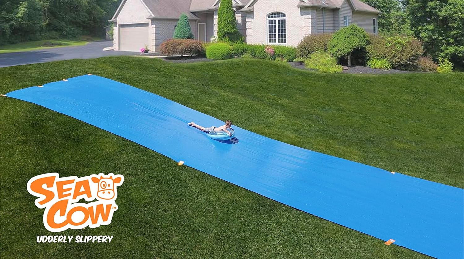Sea Cow Blue Giant Backyard Water Slide 75 ft Includes • Peel-N-Stik Fasteners KIT • Inflatable Ring