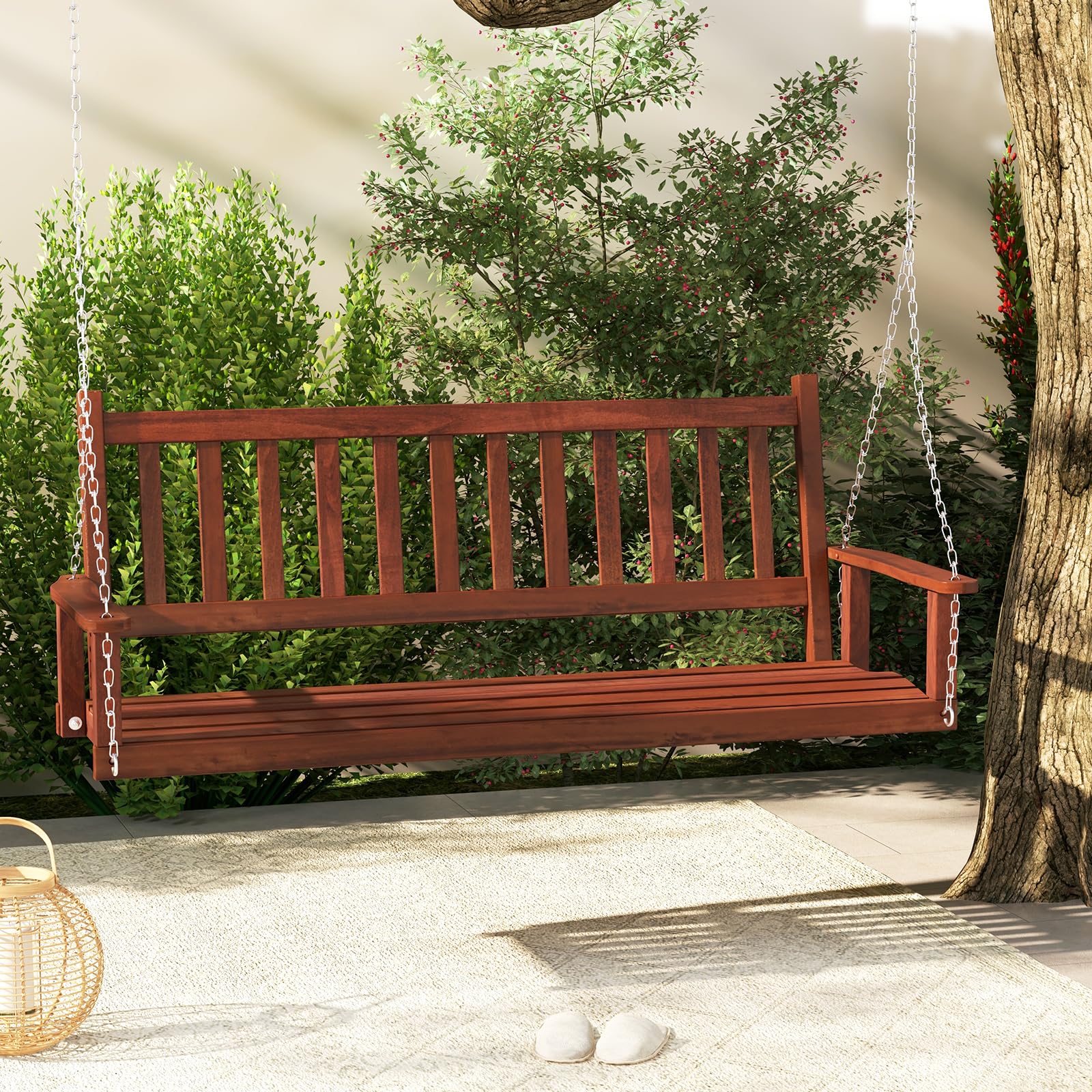KOMFOTTEU Banc Suspendu 2-3 Places Balançoire Jardin Bois Massif Fauteuil Suspendu Charge 230/360 kg 168x65x63 cm Marron