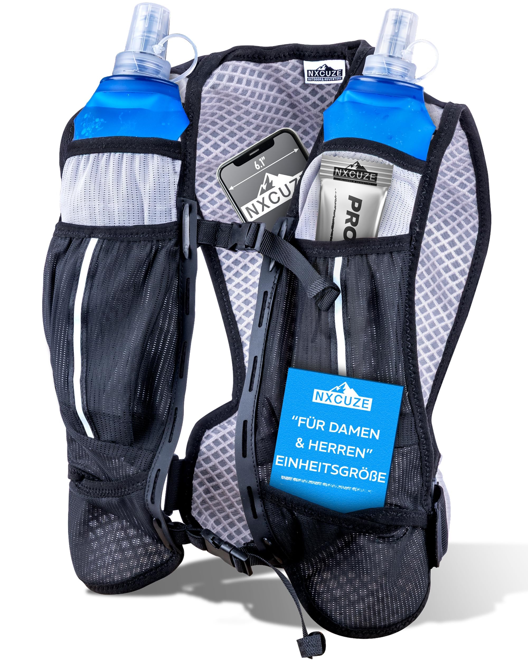 NXCUZE® Premium Laufweste Damen & Herren mit 2X 500ml Trinkflasche – Laufweste mit Trinkflasche / Trinkrucksack & Laufrucksack zum Laufen, Joggen & Trailrunning – Ultraleicht & verstellbar