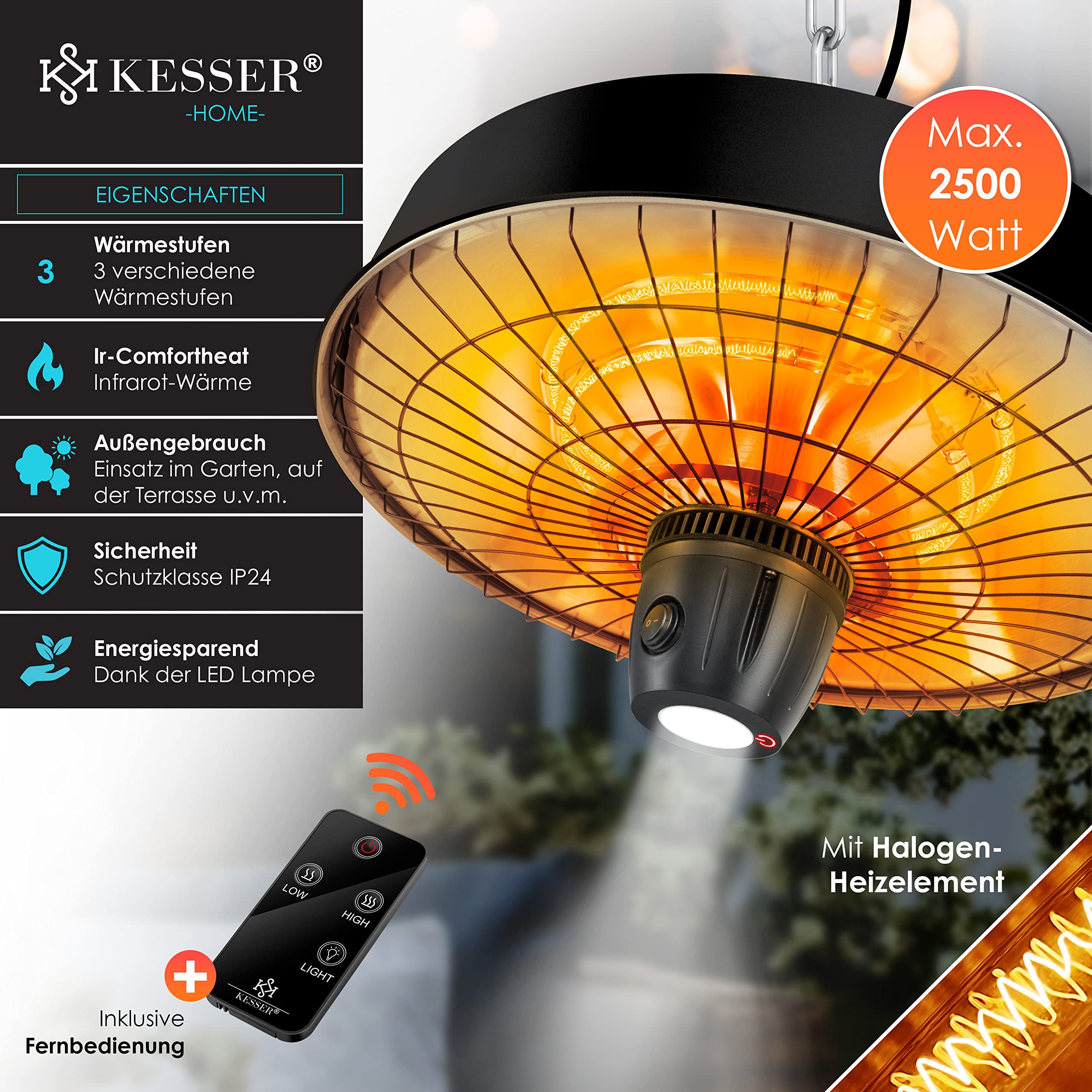 KESSER® Grzejnik sufitowy na podczerwień, 2500 W, promiennik tarasowy, z pilotem zdalnego sterowania, kwarcowy, światło LED, sufit, z łańcuszkiem i karabińczykiem, element grzejny z włókna węglowego
