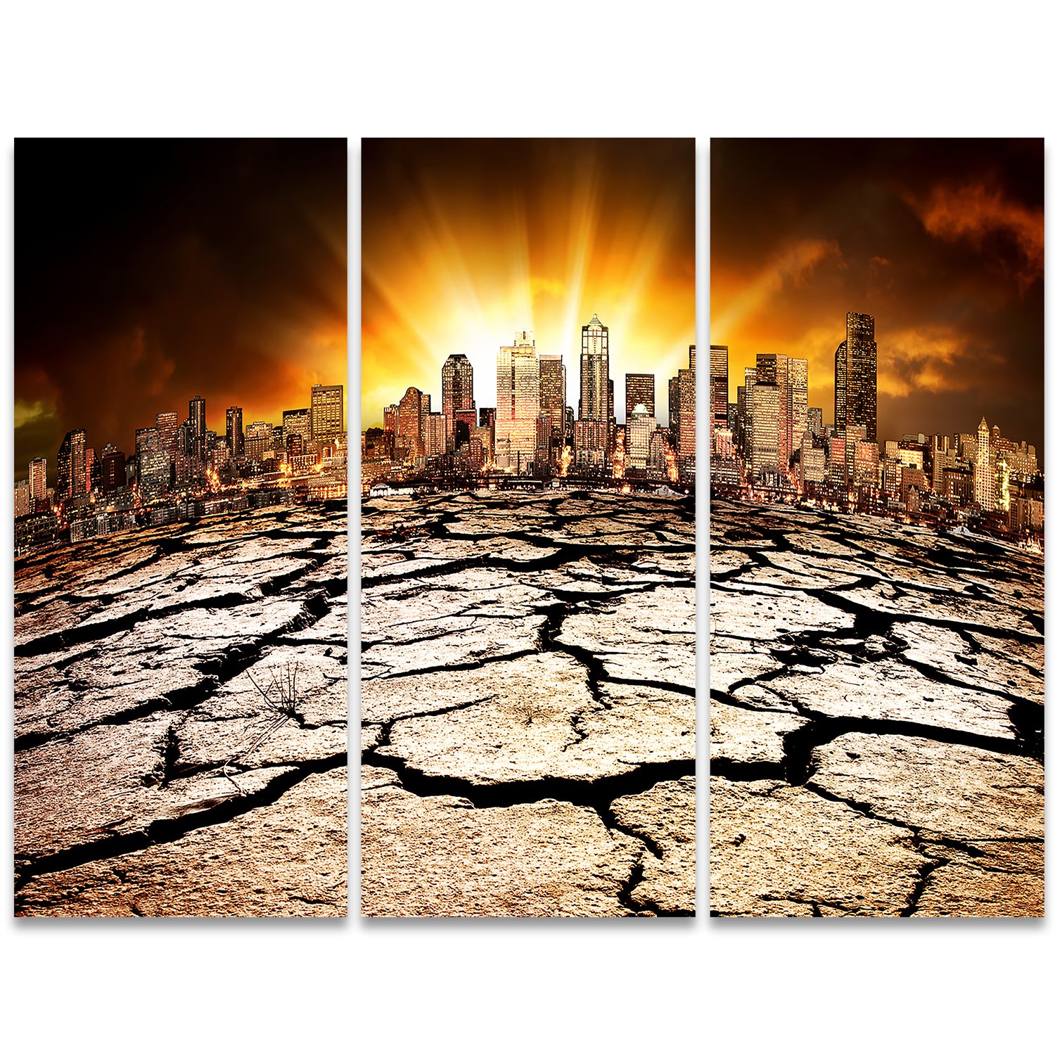Designart City with Effect of Climate Change-Extra Large Wall Art Landscape-36x28in-Multipanel 3 Piece, 36x28-3 Panels, Green