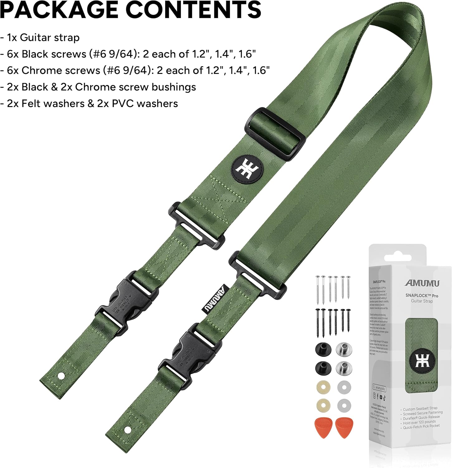 Amumu SNAPLOCK Pro Guitar Strap - Quick-Release Buckle, Screw Fasten Ends, Quick-Fetch Pick Holder, Adjustable 38"-57", Fits Bass, Electric Guitars, Gift for Guitarists, Army Green
