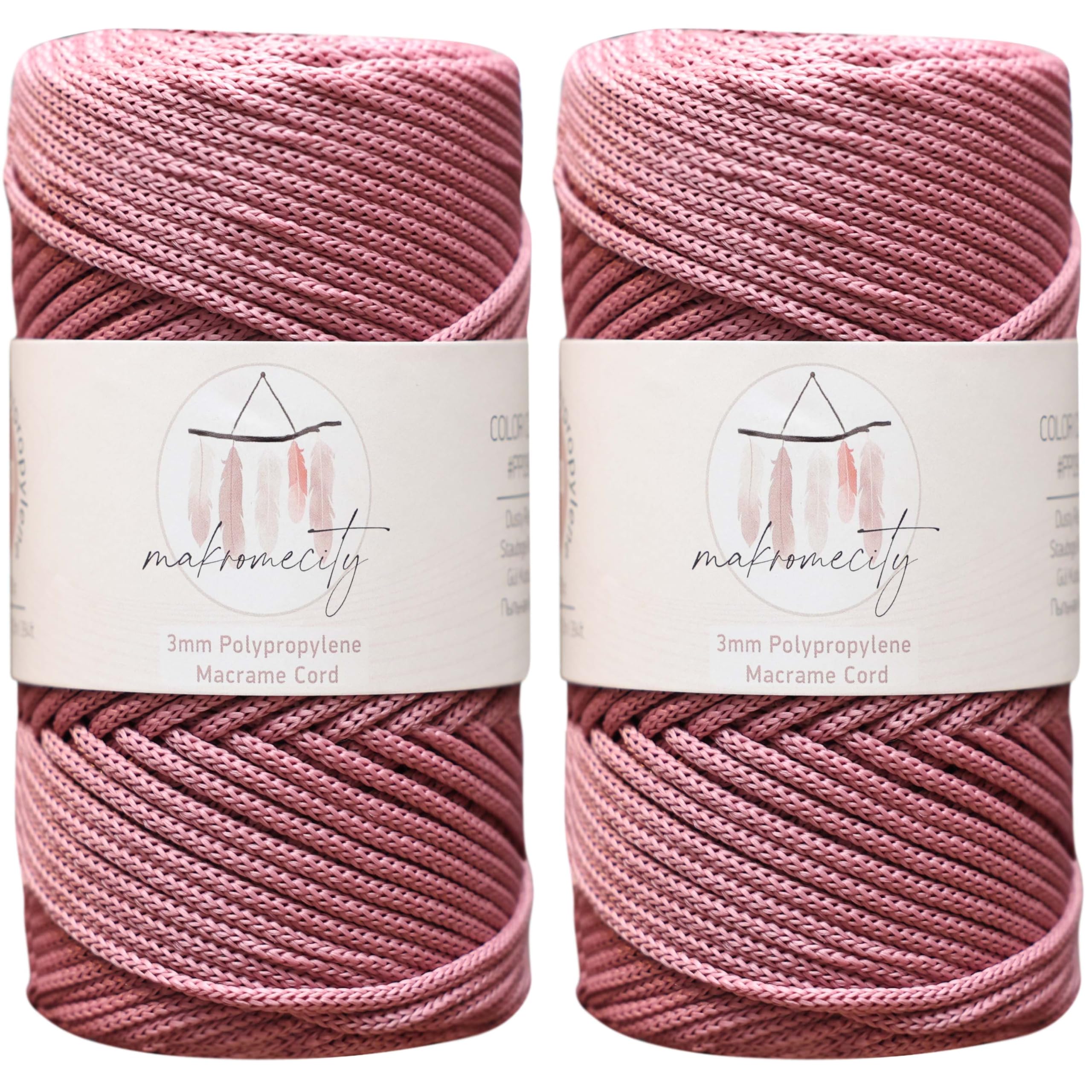 Makromecity, 2 Skeins of Polyester Macrame Cord 3mm x 131 Yards (394 feet) 3mm Polypropylene Dusty Rose Macrame Cord Crochet Macrame Bag Cord Crafts for Wall Hangings, Bags, Underplate, Rug