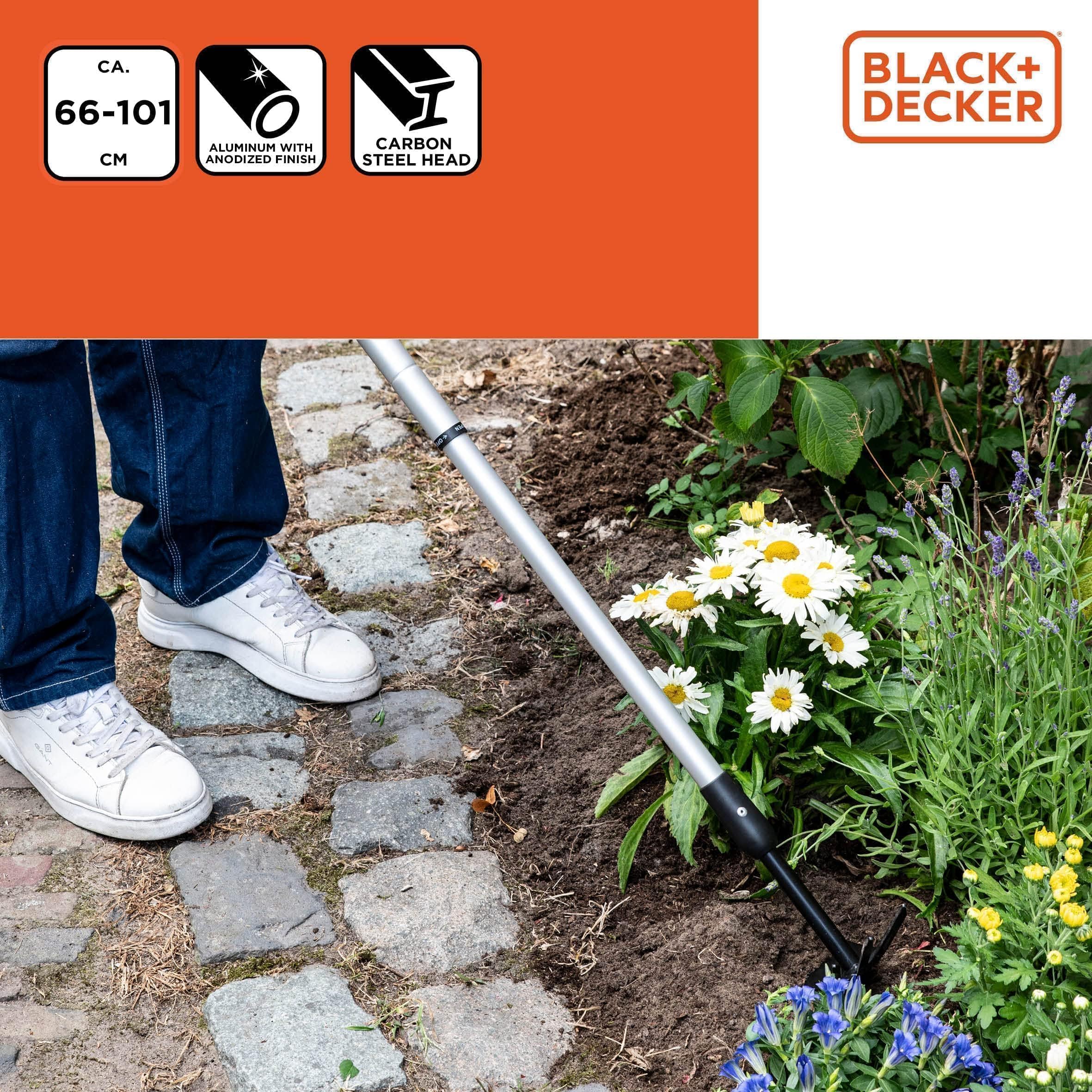 Black+Decker Cultivador, Azada y Azadón, Longitud Regulable 66-101 cm, Cultivar y Desherbar, Cabezal de Acero al Carbono