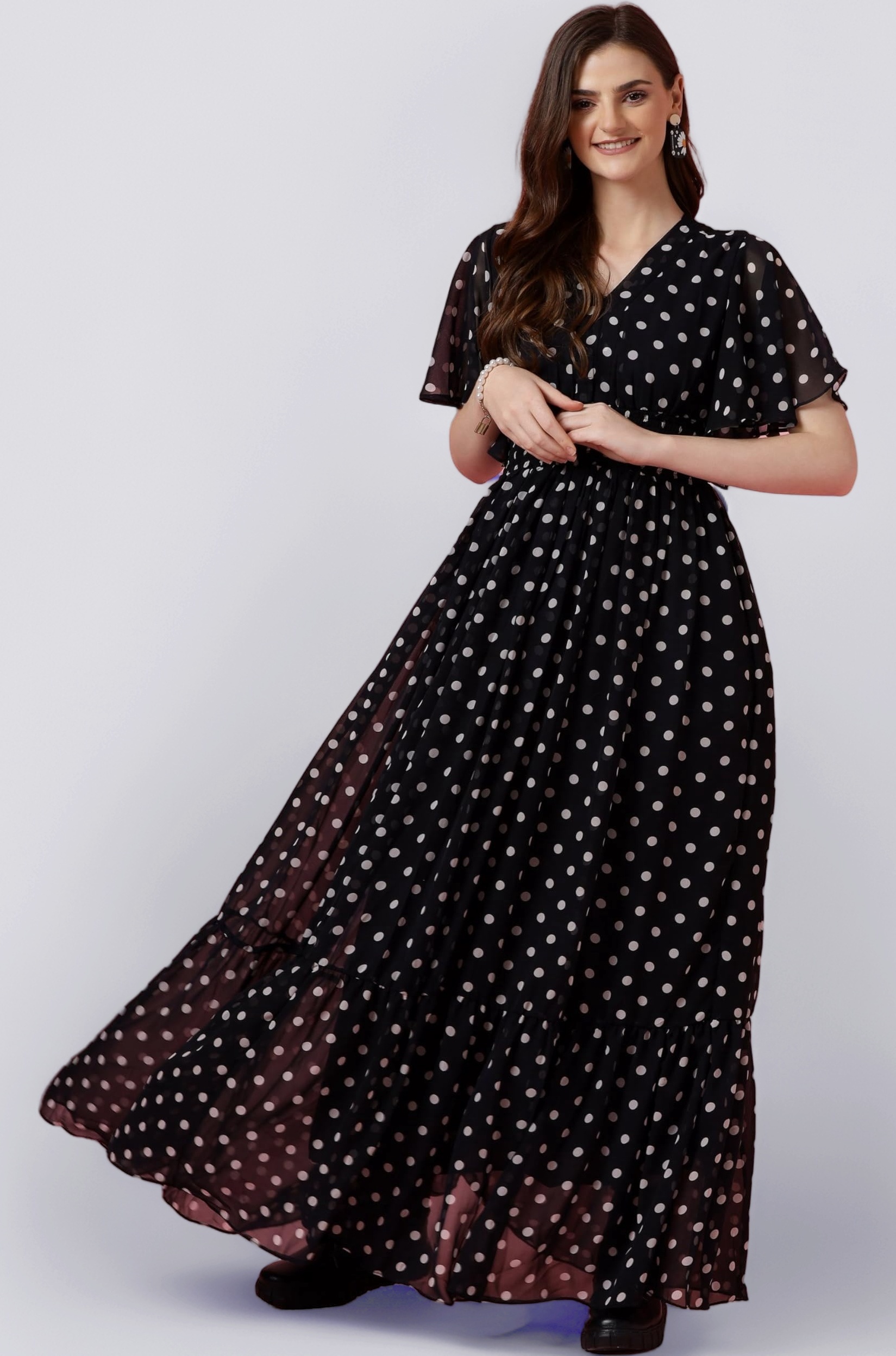 Women's Fit and Flare Polka Print Georgette Flared Sleeve Casual Dress