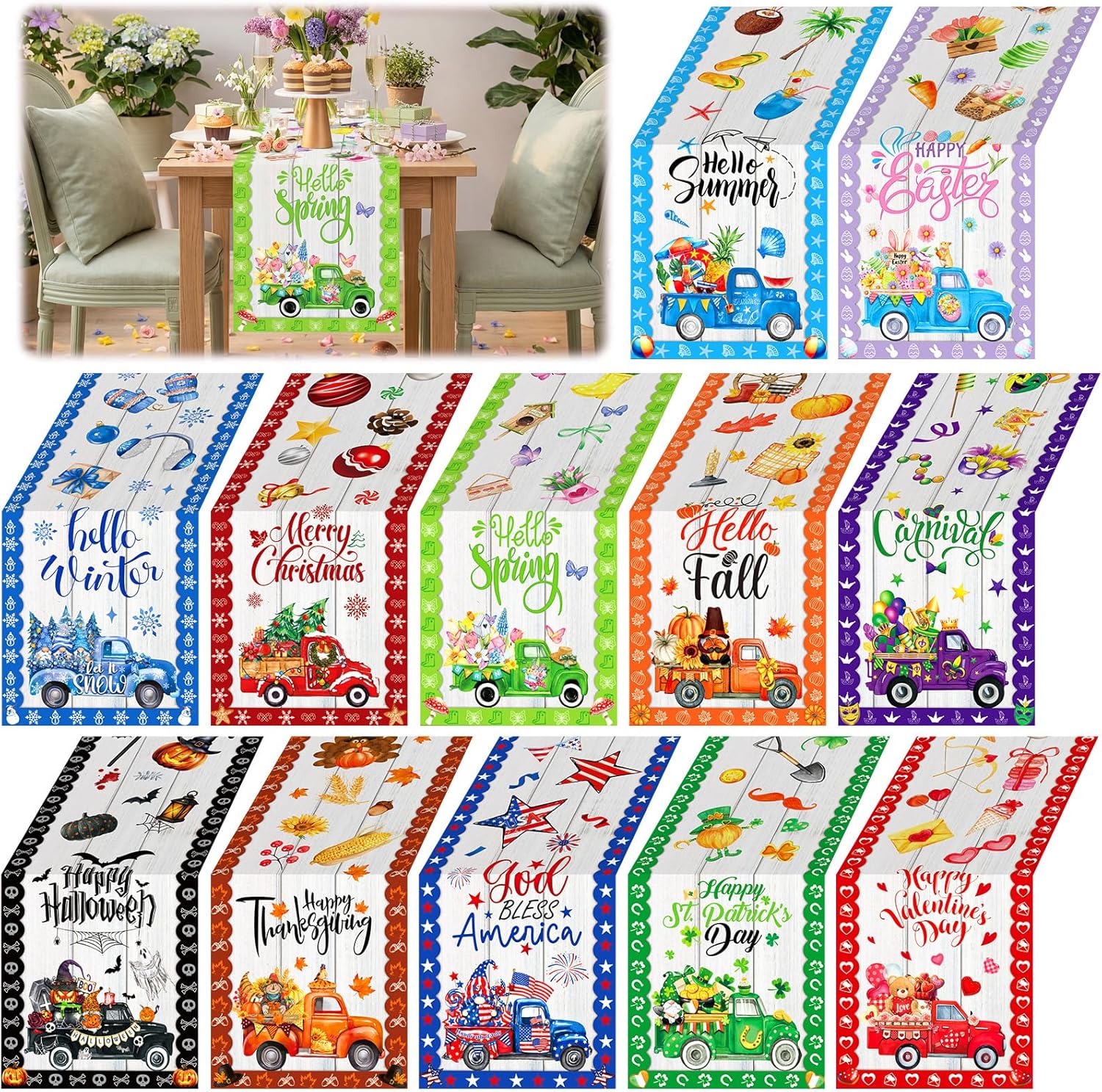 LemonRoad 8 Pcs Holiday Table Runner Seasonal Patriotic Table Decor 72 Inches 4th of July Tabletop Runner Set Decorations for Kitchen Home Dining Room Party Supplies