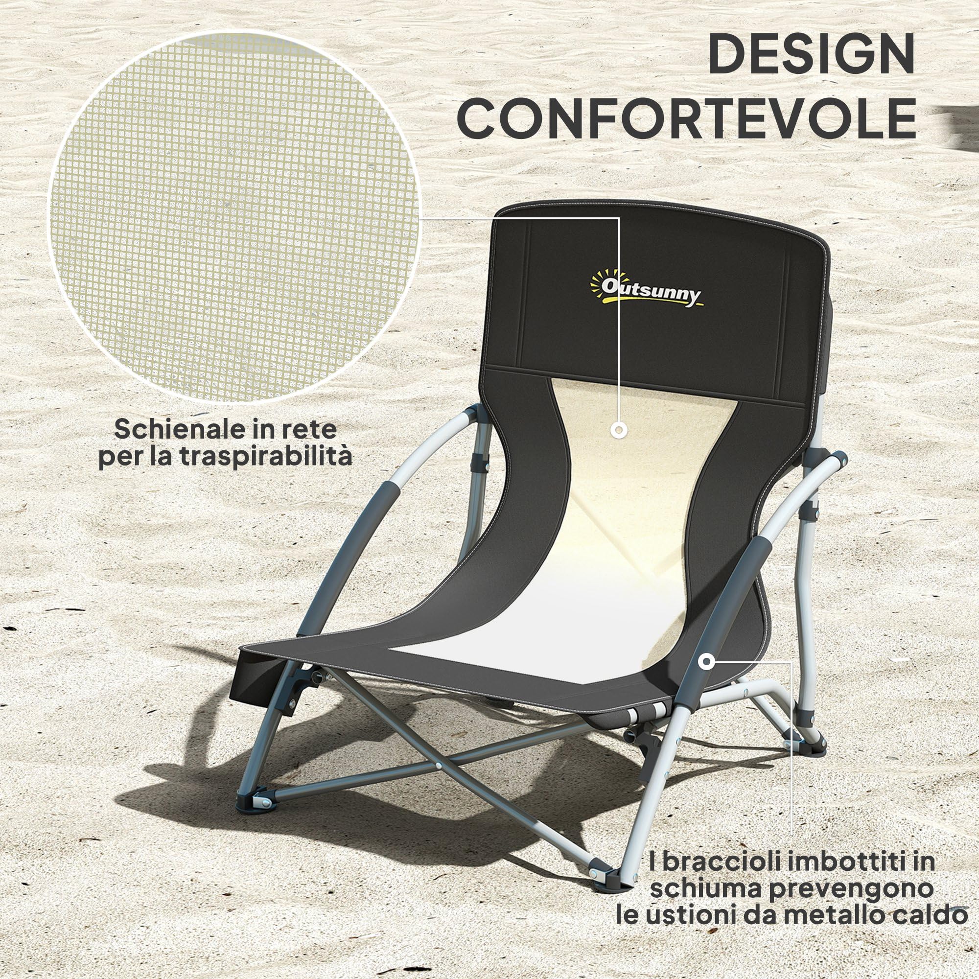 Outsunny Sedia da Spiaggia Pieghevole con Schienale a Rete, Sedia da Campeggio con Braccioli, Portabicchieri e Borsa di Trasporto, per Giardino Patio Esterno, Nero