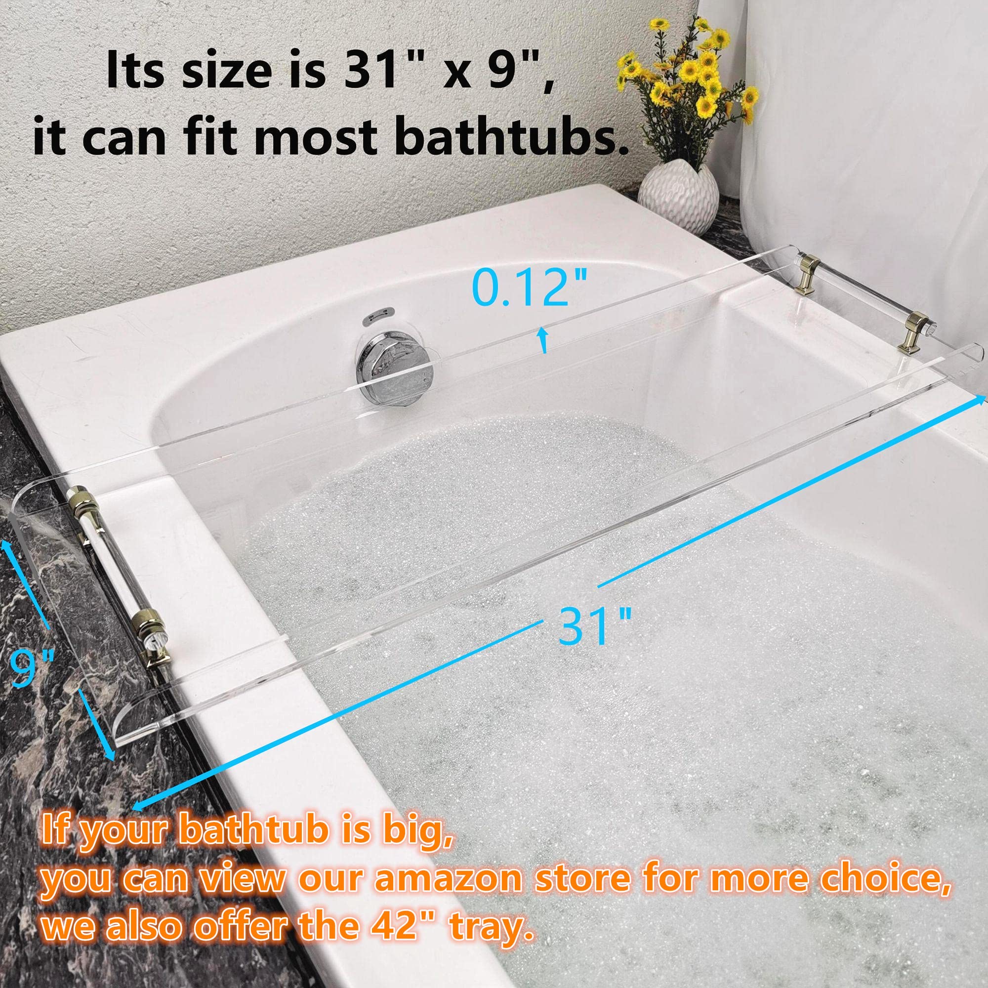 31" Short Clear Bathtub Caddy Tray for Luxury Bathroom Bath tub Table