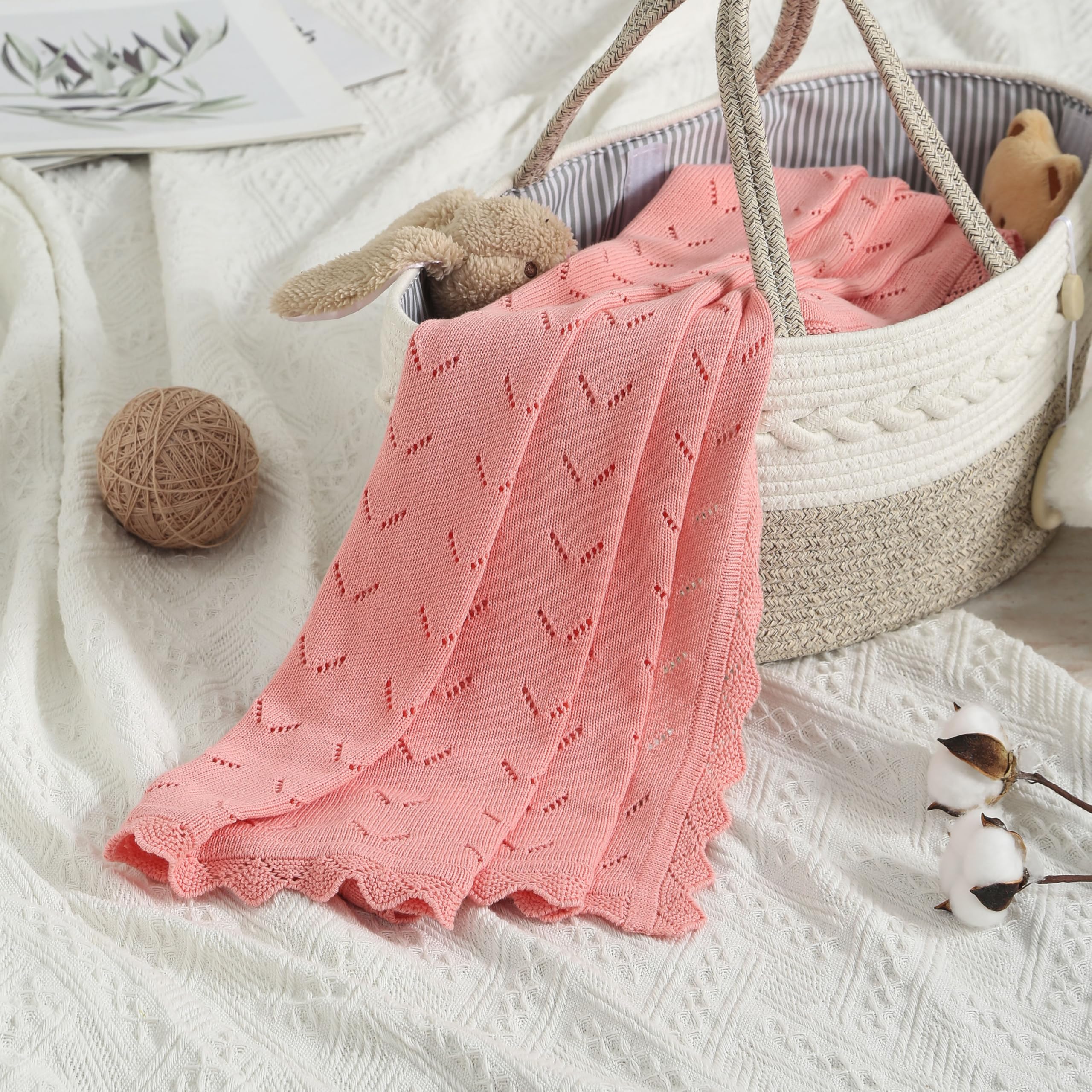 Loyfoky Baby Knit Blanket 100% Cotton Soft Cellular Blankets Cozy for Boy Girl Newborns Swaddling,Nursery,Pram,Pink 100x80cm - Image 3