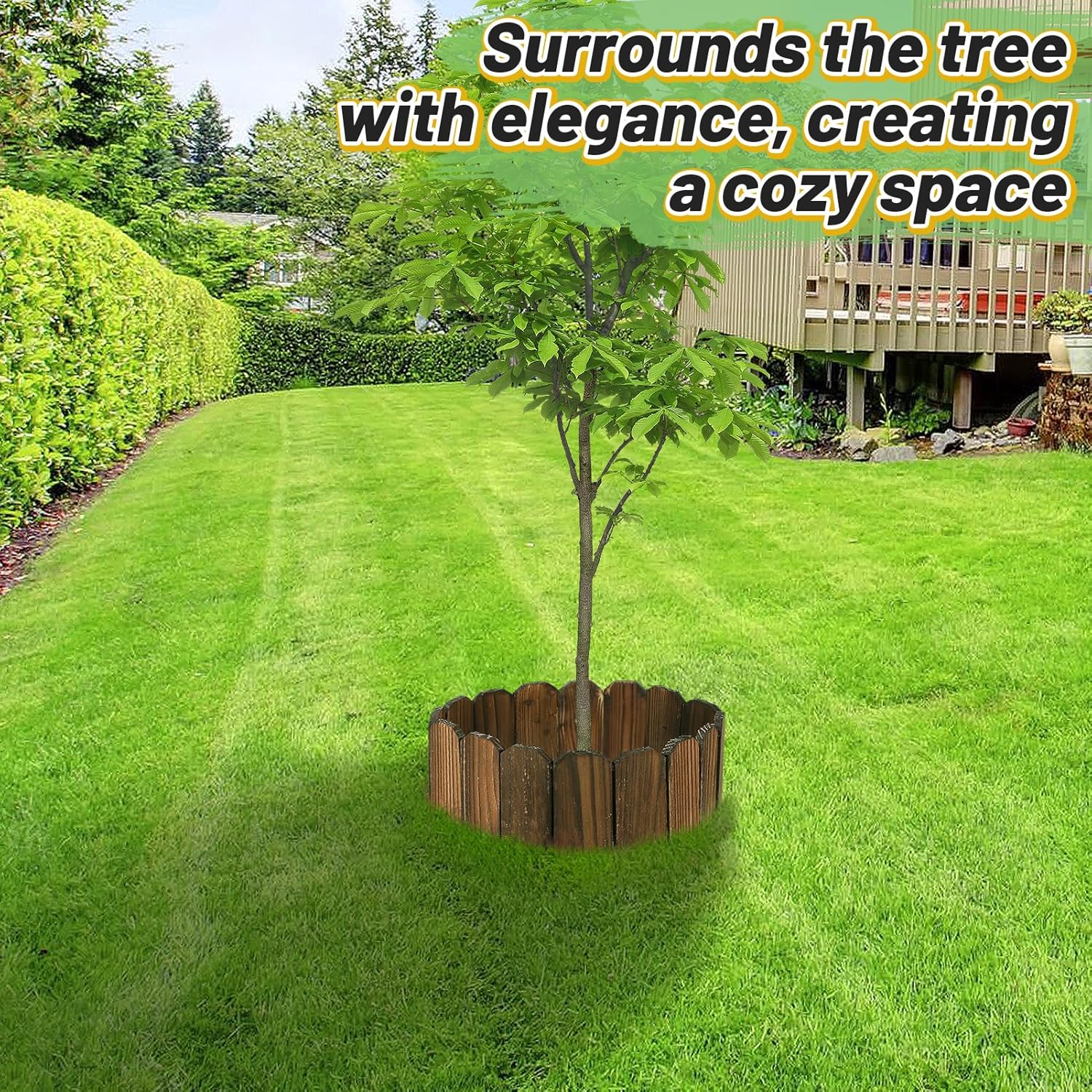 Rustic Pine Wood Landscape Edging - 3.9ft L x 8in H Garden Fence Border, Easy to Install Sturdy Wooden Planter Fencing for Yard Flower Bed Lawns Pathway Tree