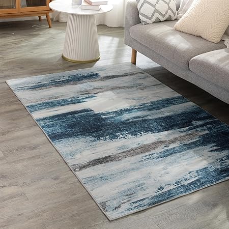 Carvapet 4x6 Rugs for Living Room Bedroom, Washable Dark Blue Modern Abstract Low Pile Carpet with Rubber Backing, Foldable, Non Slip Thin Area Rug