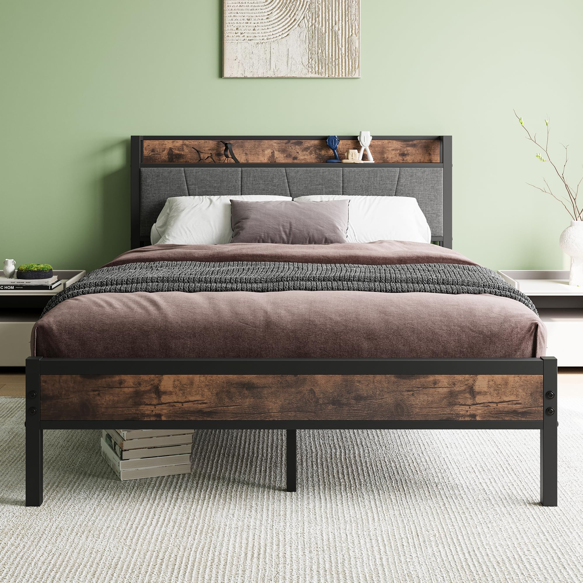 BORPHOM Double Bed Frames with Storage Headboard,Heavy Duty Metal Upholstered Platform Bed Frame Double Bed,Mattress Foundation/Strong Steel Slat Support/Under Bed Storage/Easy Assembly