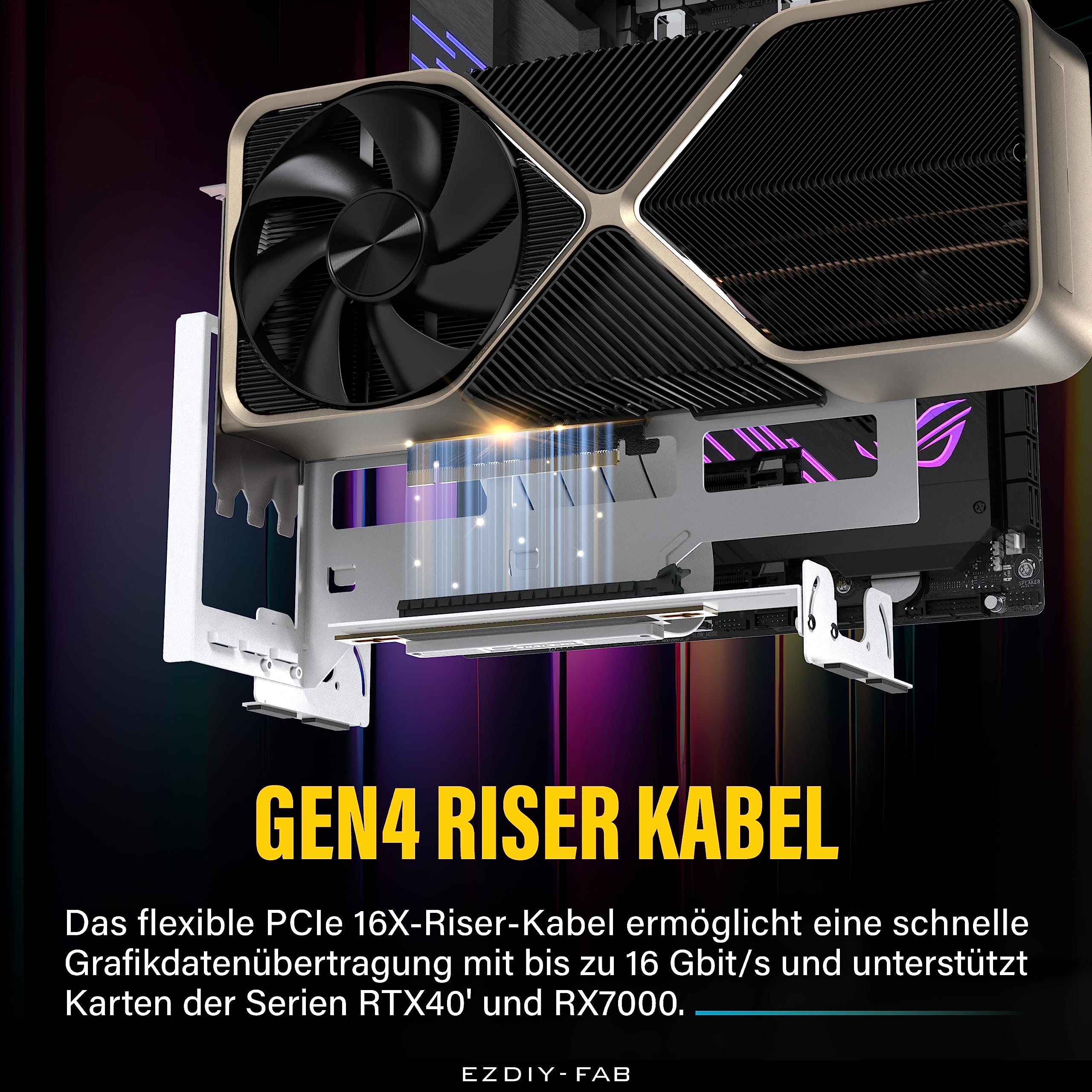 EZDIY-FAB Soporte de montaje para GPU PCIe 4.0, ajuste multi-ángulo con cable elevador completamente blanco, compatible con RTX4090,4080,4070ti-Blanco