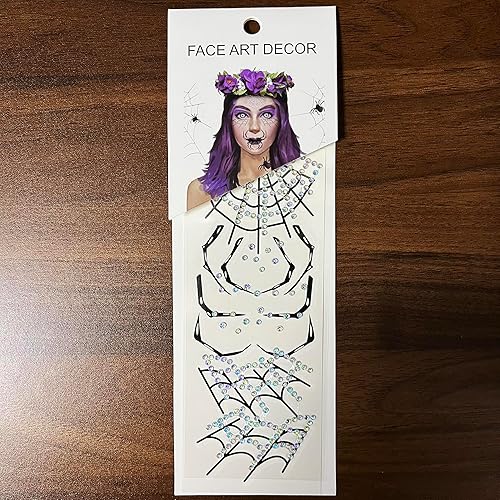 Miniatura 3 de Tatuajes faciales de araña falsos temporales y diamantes de imitación, gemas de telaraña, cristales y perlas para pegar en joyas, tatuajes,