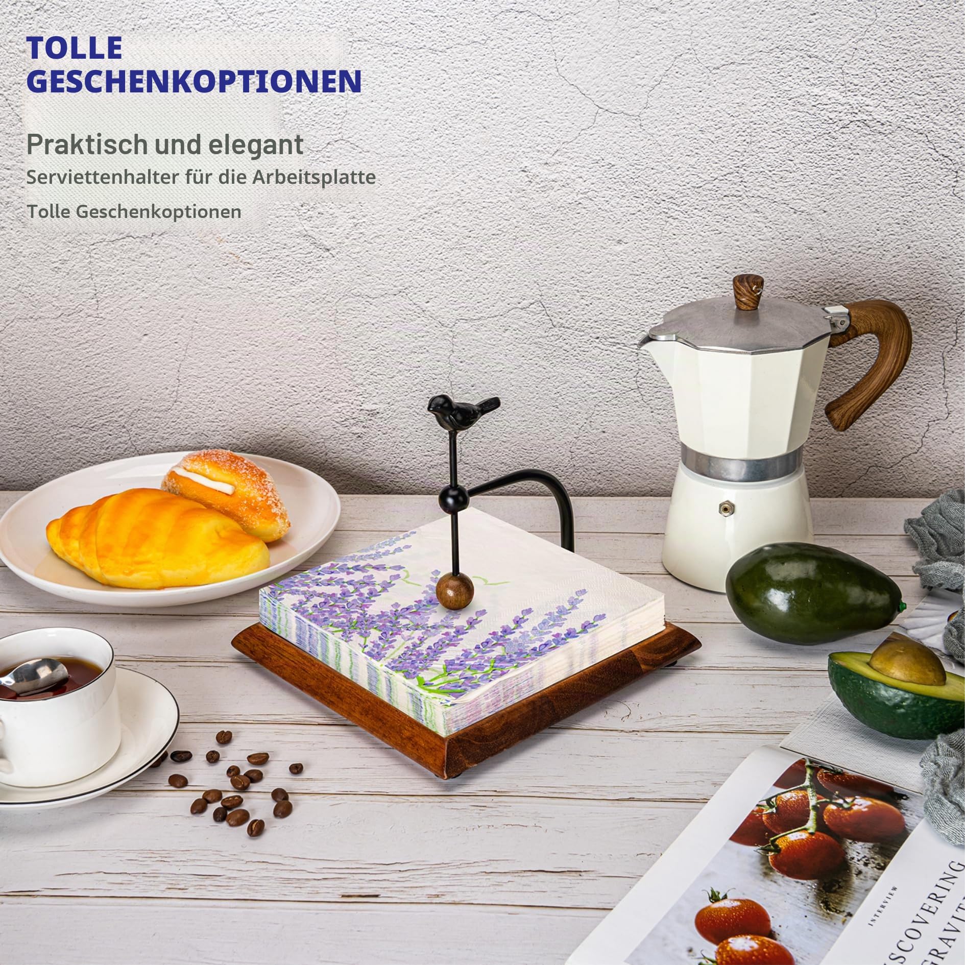 Holzserviettenhalter mit vogelartigem Griff – Eleganter flacher Serviettenhalter mit gewichtetem Arm für Papierservietten, Cocktailservietten – Perfekt für Küche, Esstisch, Café und Bar