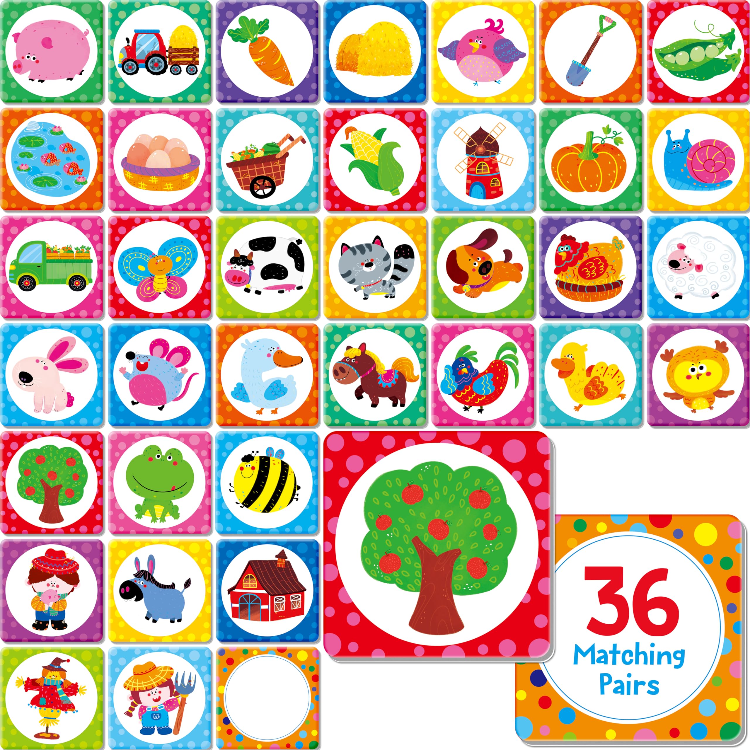 72 PCS Memory Matching Game, Farm Animal Match Cards for Toddlers 36 Pairs Educational Toy for Girls & Boys, Preschool Ages 2 Years Old and Up