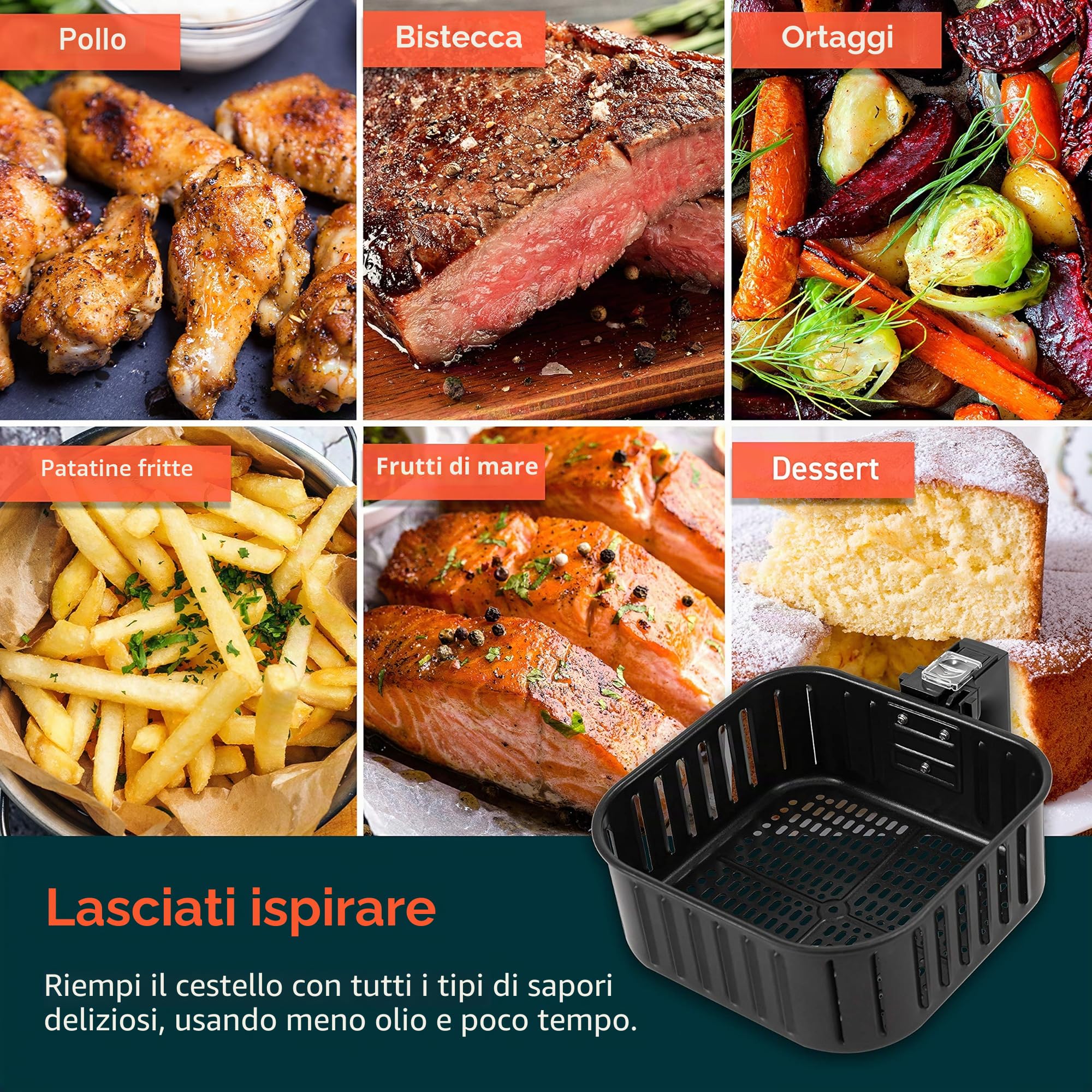 COSORI Cestello di ricambio per friggitrice ad aria, 5,8 l, per friggitrici ad aria CP358 e CS358, cestello antiaderente, lavabile in lavastoviglie, nero