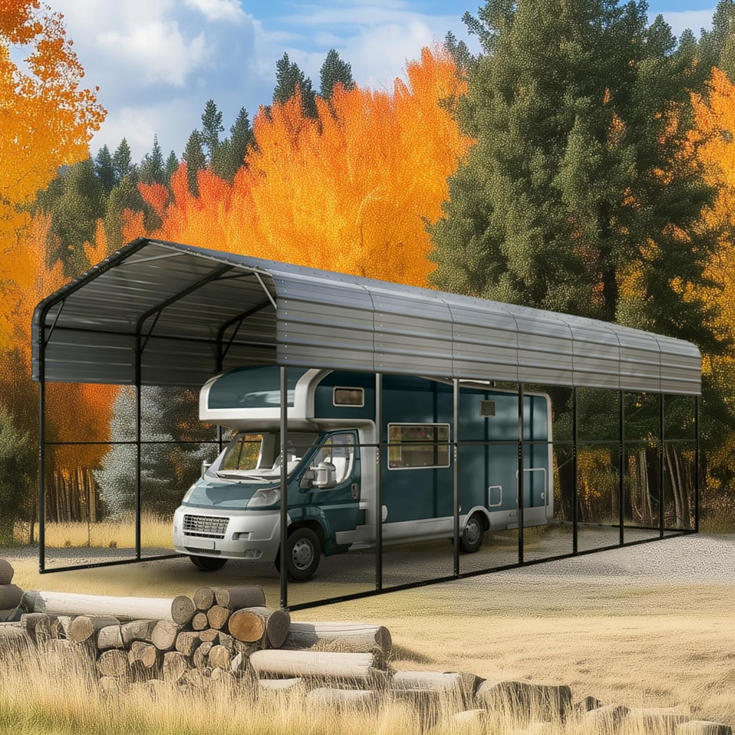 MFSTUDIO RV Carport 14x35 ft, Outdoor Heavy Duty Carports, Height 13 ft for Large RVs Metal Shed Canopy Shelters Garage Shelter Shade Car Ports with Galvanized Roof for 2 Cars, Truck and Boats