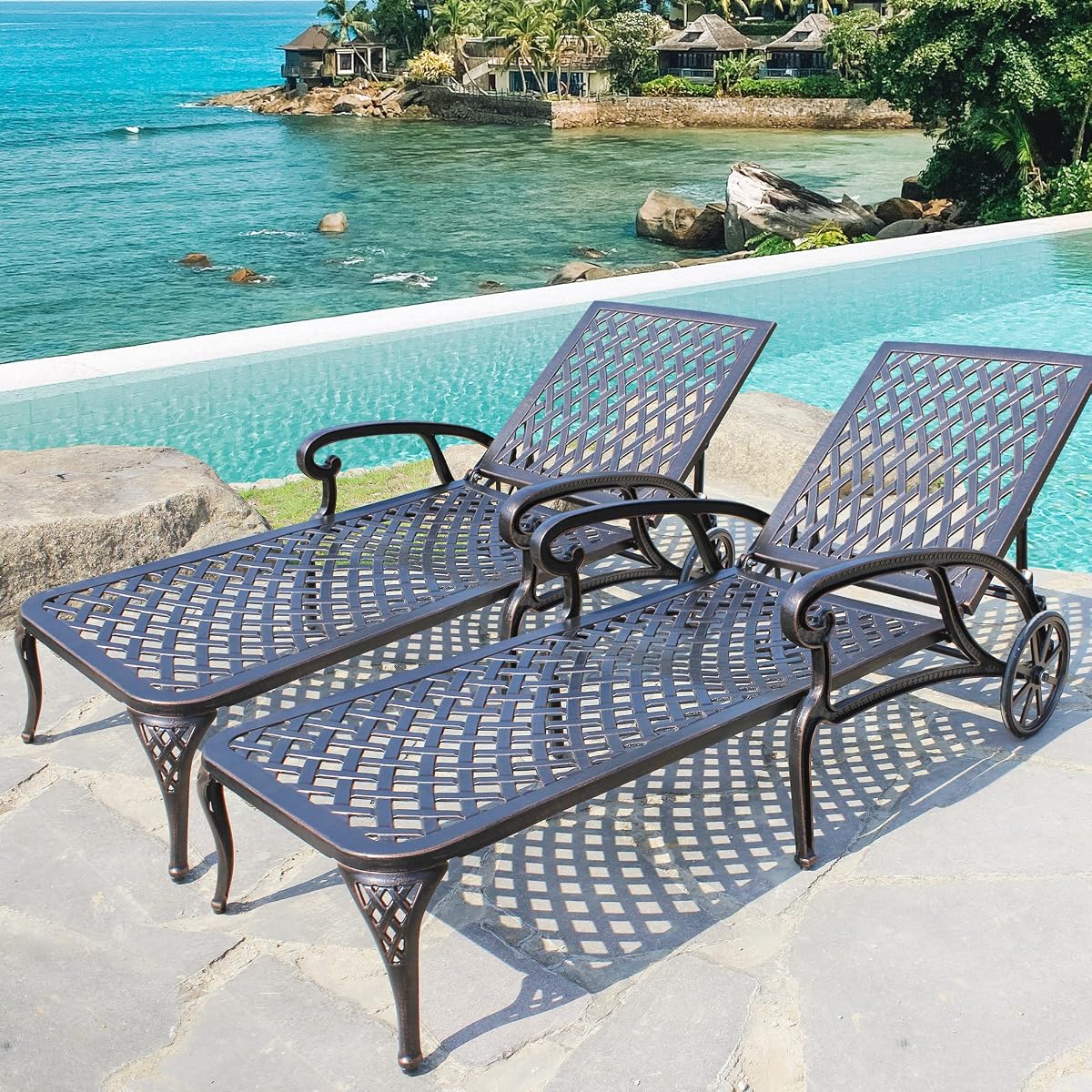 Chaise Lounge Chair Outdoor | Juego de tumbonas junto a la piscina de 2 sillas de bronceado de aluminio fundido con respaldo ajustable y ruedas móviles, bronce