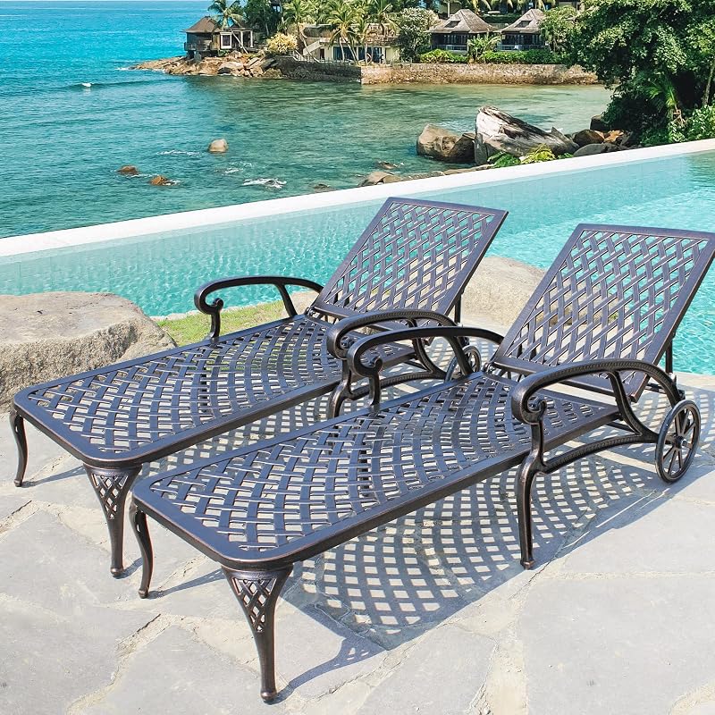 Chaise Lounge Chair Outdoor | Poolside Lounger Set of 2 Cast Aluminum Tanning Chairs with Adjustable Backrest and Moveable Wheels, Bronze