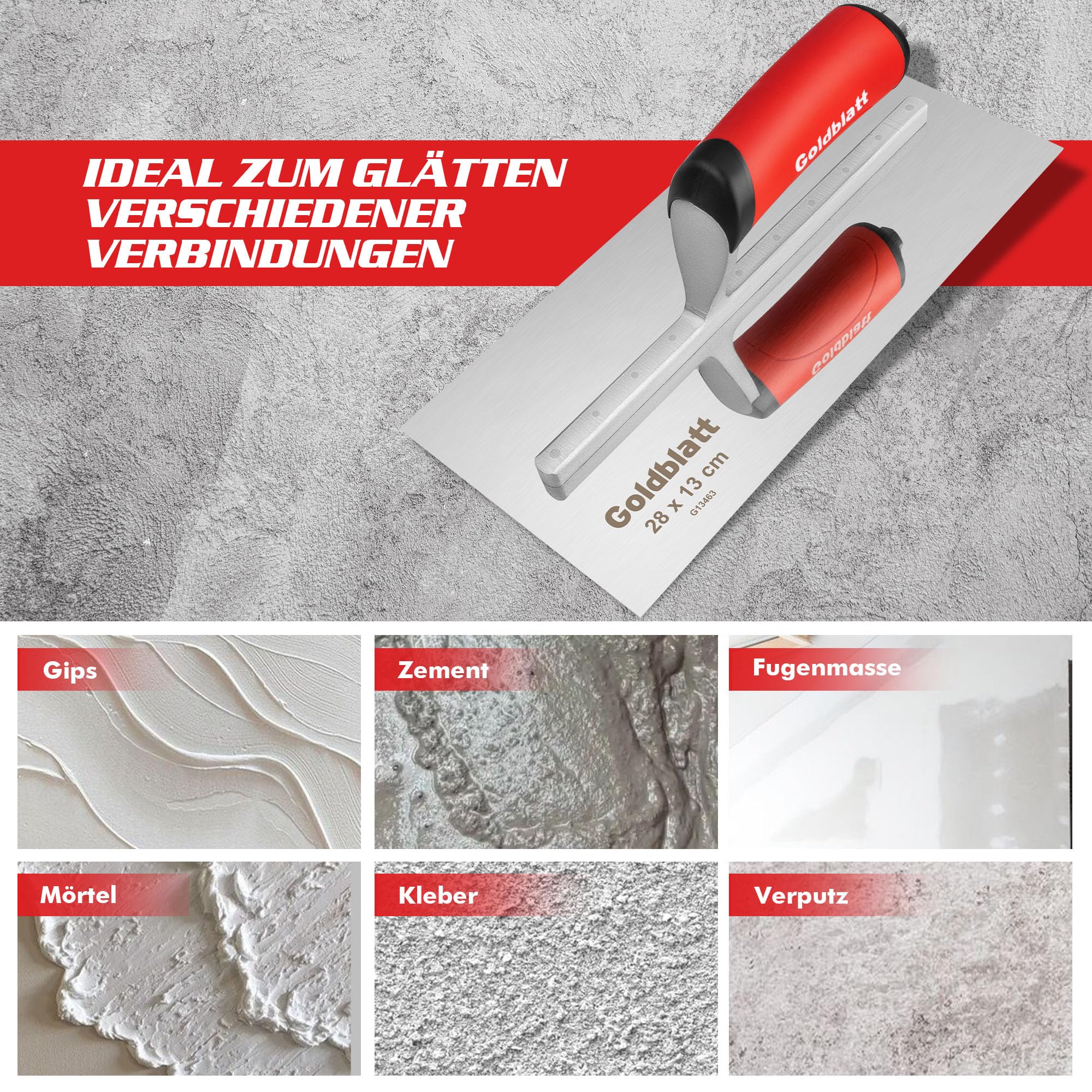 Goldblatt Glättekelle Edelstahl Kelle: Rostfreier Spachtel für Trockenbau und Finish, Robuste Nietenkonstruktion, Ergonomischer Griff, Flache Klinge, Ideal für Zement, Mörtel und Putze 280 x 130 mm