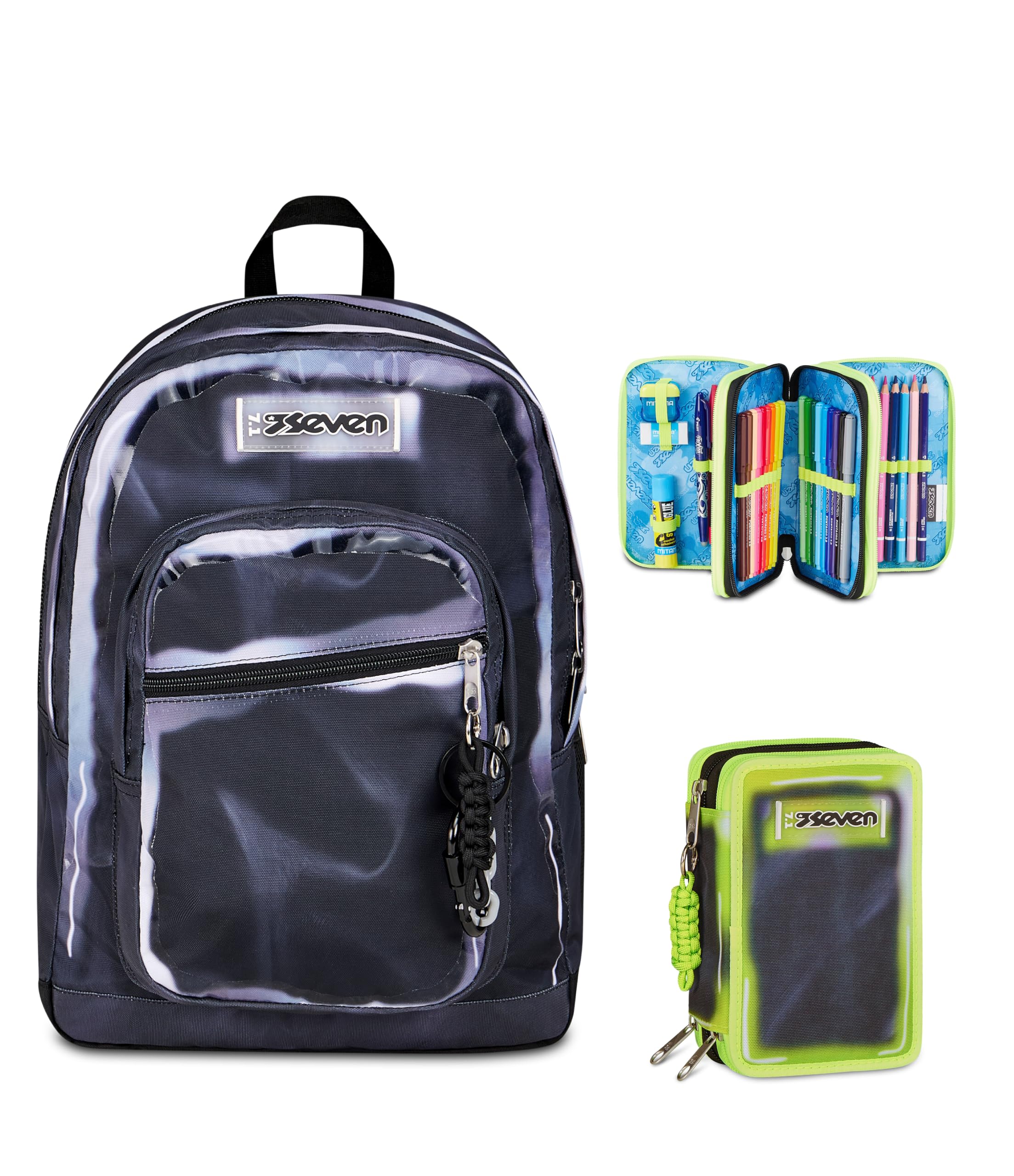 Seven Zaino Scuola FREETHINK, Doppio Scomparto, Nero, 34 L + Astuccio 3 zip SHADOWS OF COLOR, Nero,45 pezzi, Elementari, Medie, Bambini, Ragazzi