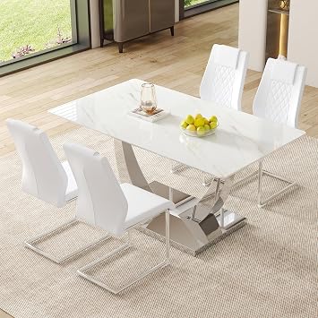 AZmac 63" Modern Dining Table Set for 4, White Dining Room Set for 4, Tempered Glass Kitchen Table and PU Leather Chairs, Marble Pattern Top with Sturdy Silver Chrome Base