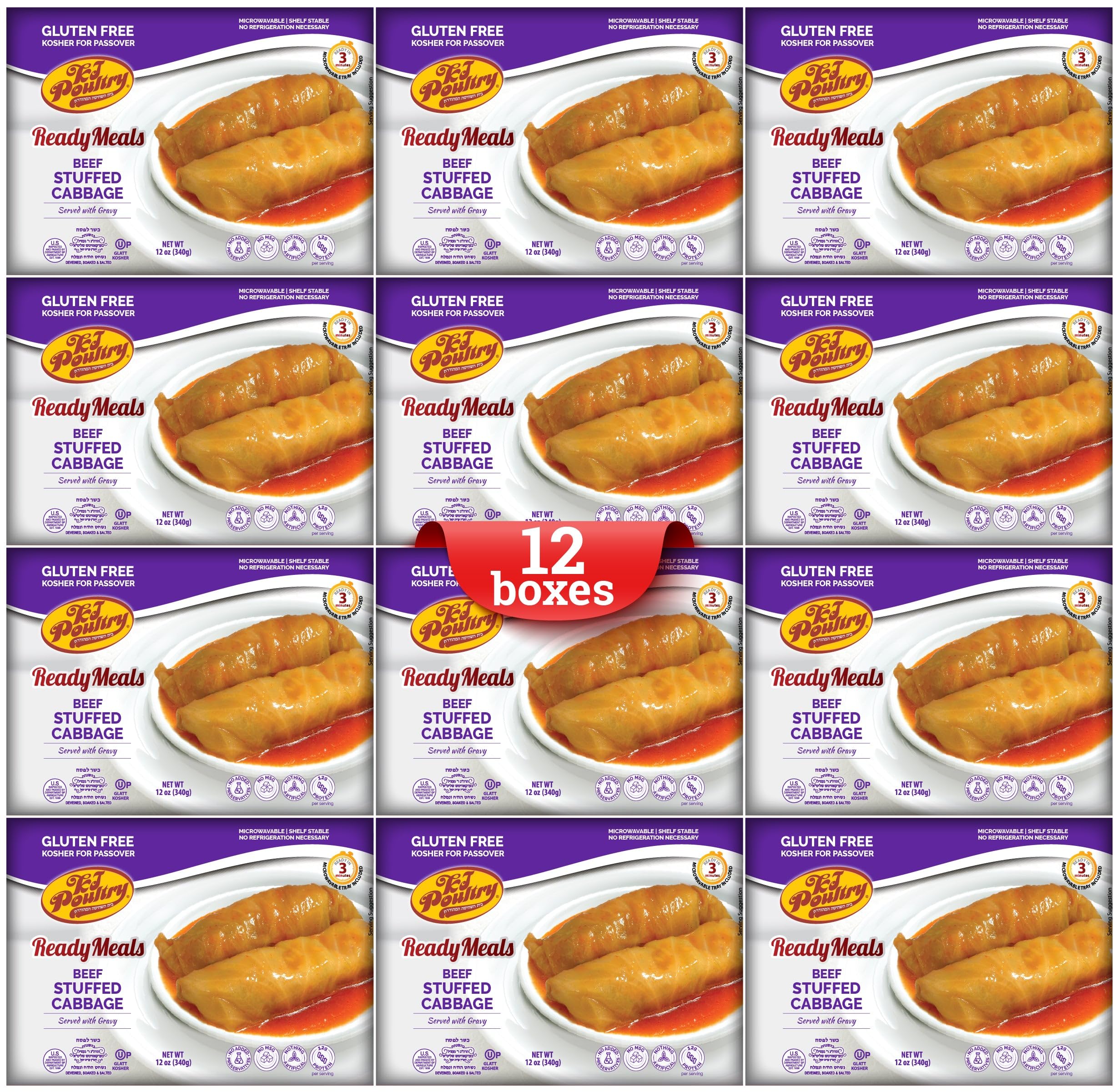 KJ Poultry Kosher for Passover Gluten Free Meals, Beef Stuffed Cabbage Rolls in Gravy (12 Pack) Prepared Entree Fully Cooked, Shelf Stable Microwave Dinner, Travel Military Camping