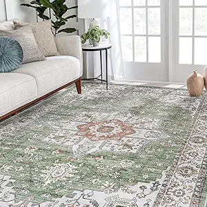 RUUGME Living Room Rugs 5x7 - Washable Area Rug Stain Resistant Carpet Vintage Indoor Ultra-Thin Rugs for Bedroom Kitchen entryway with Non Slip Backing Home Decor Small Mat 5x7 Sage