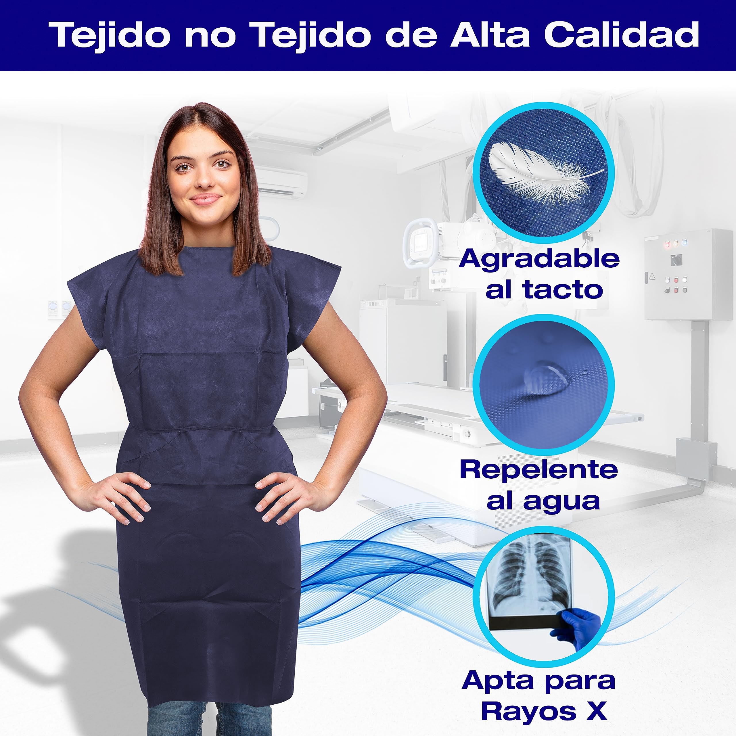 Pack 100 uds. Batas desechables sanitarias opacas - Batas desechables sin mangas con cierre trasero ajustable - Bata desechable color azul de alto gramaje de apariencia elegante