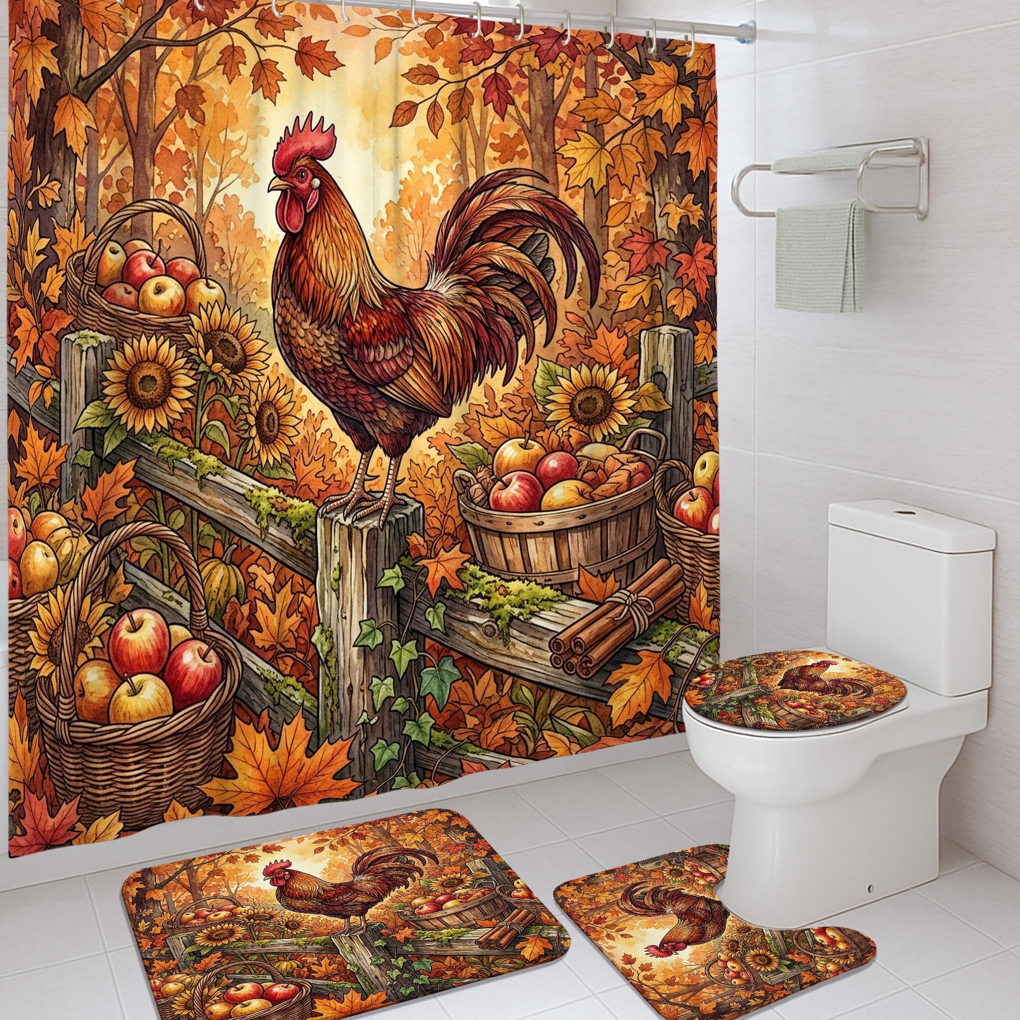 Rideaux de douche anti éclaboussures orange avec tapis motif coq champêtre
