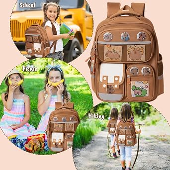 Capybara School Bag with Large Capacity Reflective Strips for Boys Girls Cute Cartoon Animal Backpack with Card Badge and Keychain Waterproof Multi-Compartment Rucksack for Student Kids