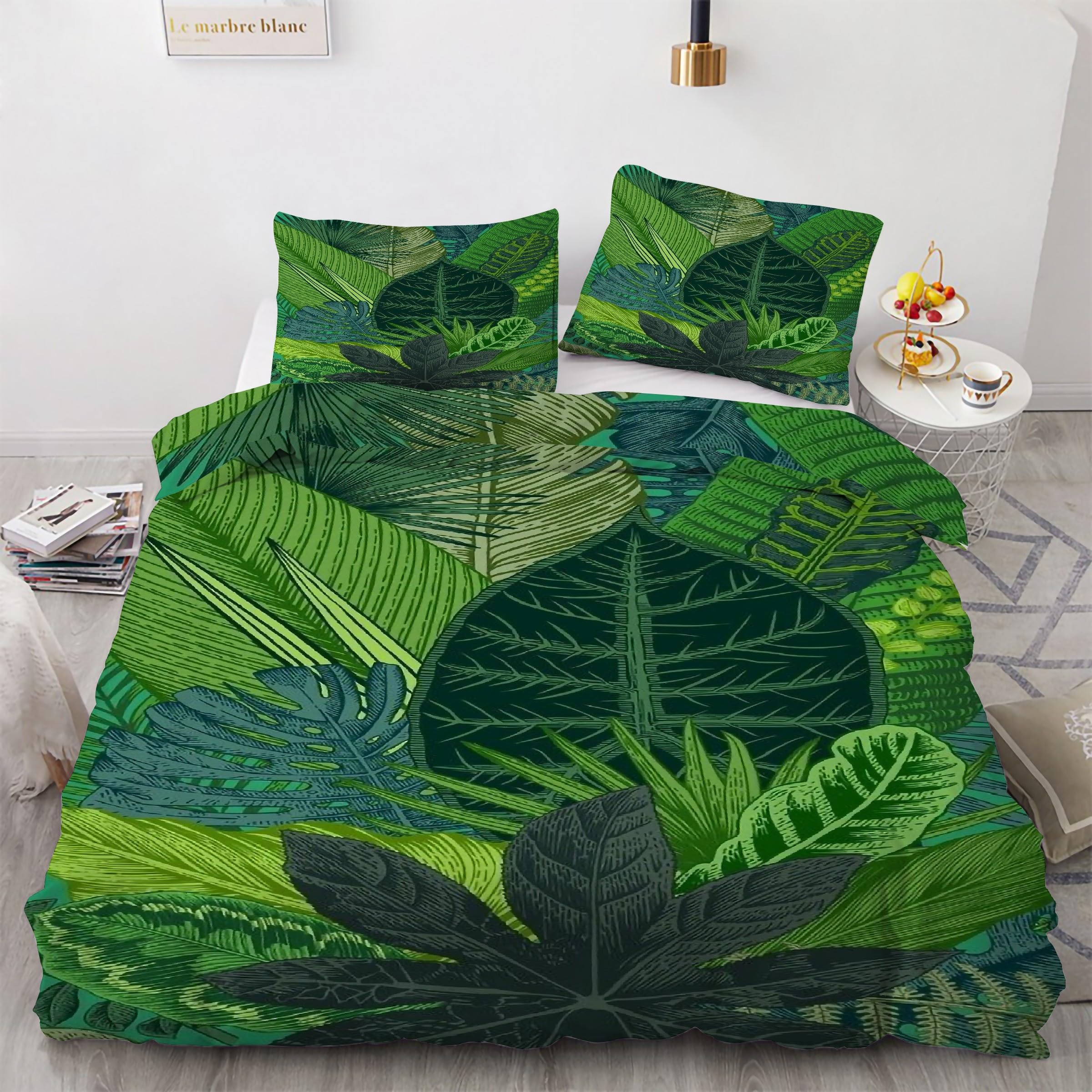 Housse de couette 200x200 cm en microfibre premium douce motif feuille verte