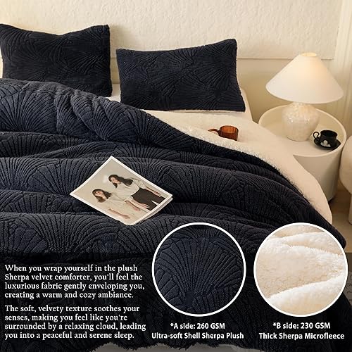 Miniatura 4 de Seashell - Juego de edredón jacquard Sherpa cálido y acogedor de 3 piezas, tamaño matrimonialqueen, patrón geométrico con 2 fundas de almohada (90 x