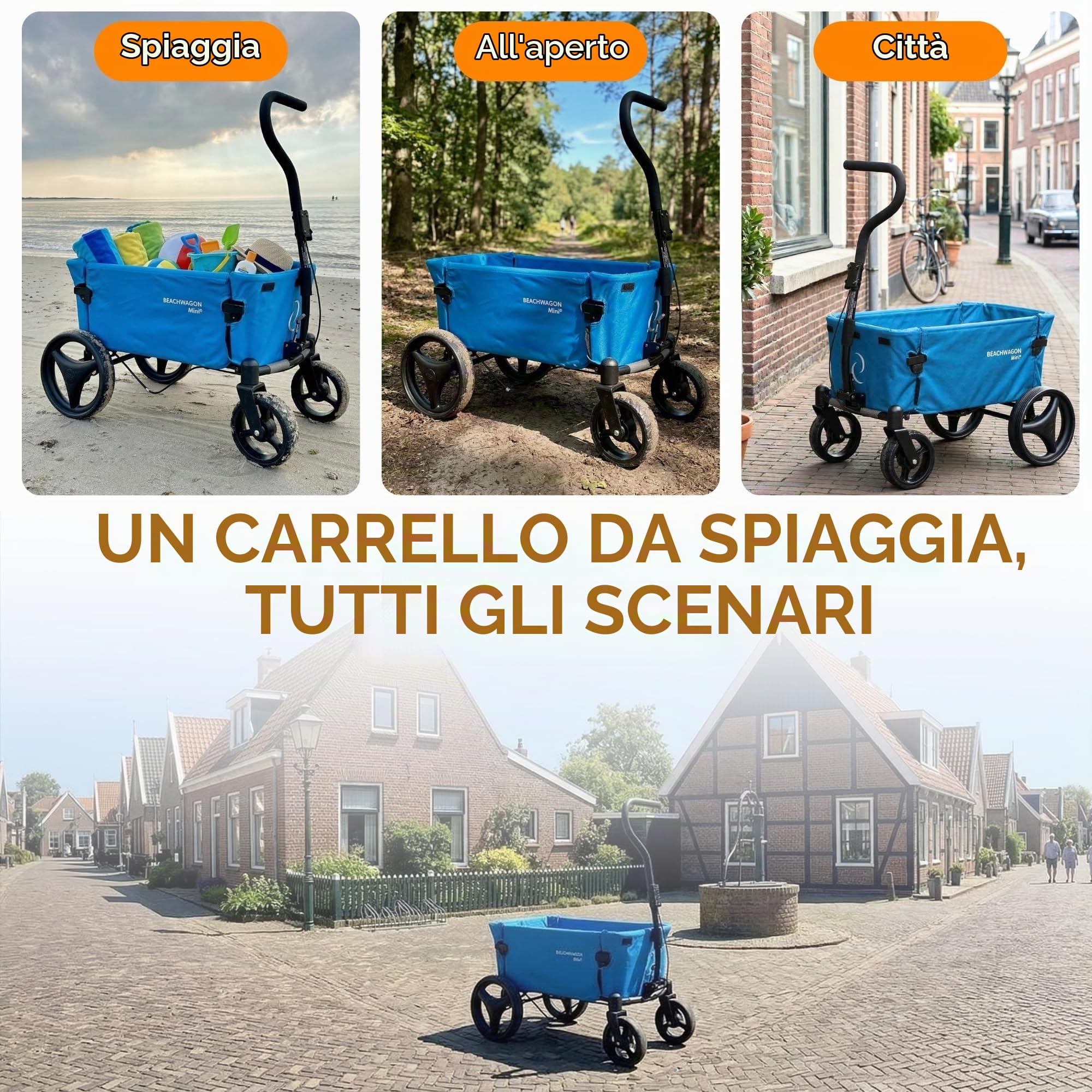 Beach Wagon Carrello con Ruote Pieghevole MINI Combideal 40 kg, Carrello Spesa Compatto e Leggero con Tettuccio, Carrello da Spiaggia, Giardino e Campeggio, Azzurro