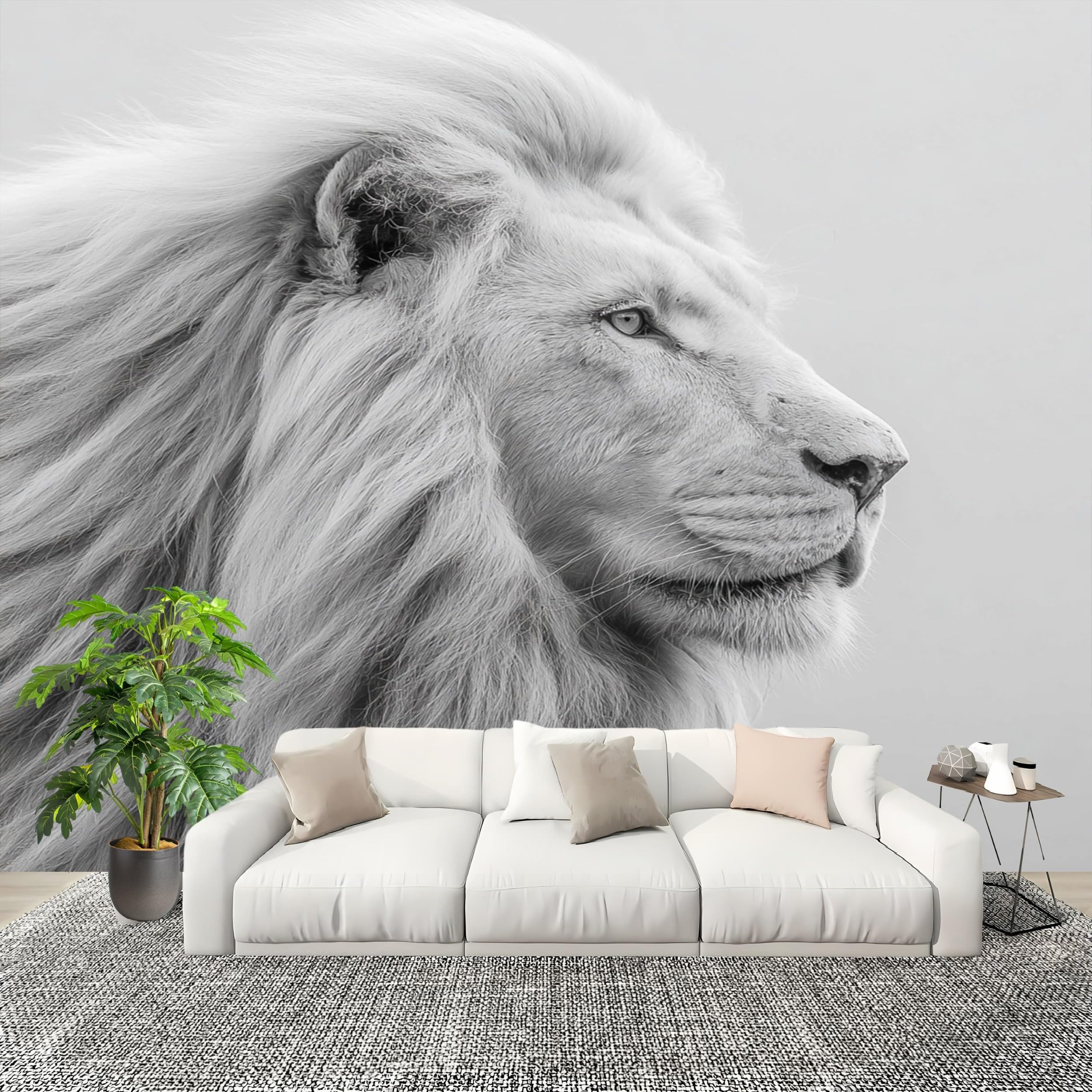Décoration murale intérieure lion avec papier peint photo gris