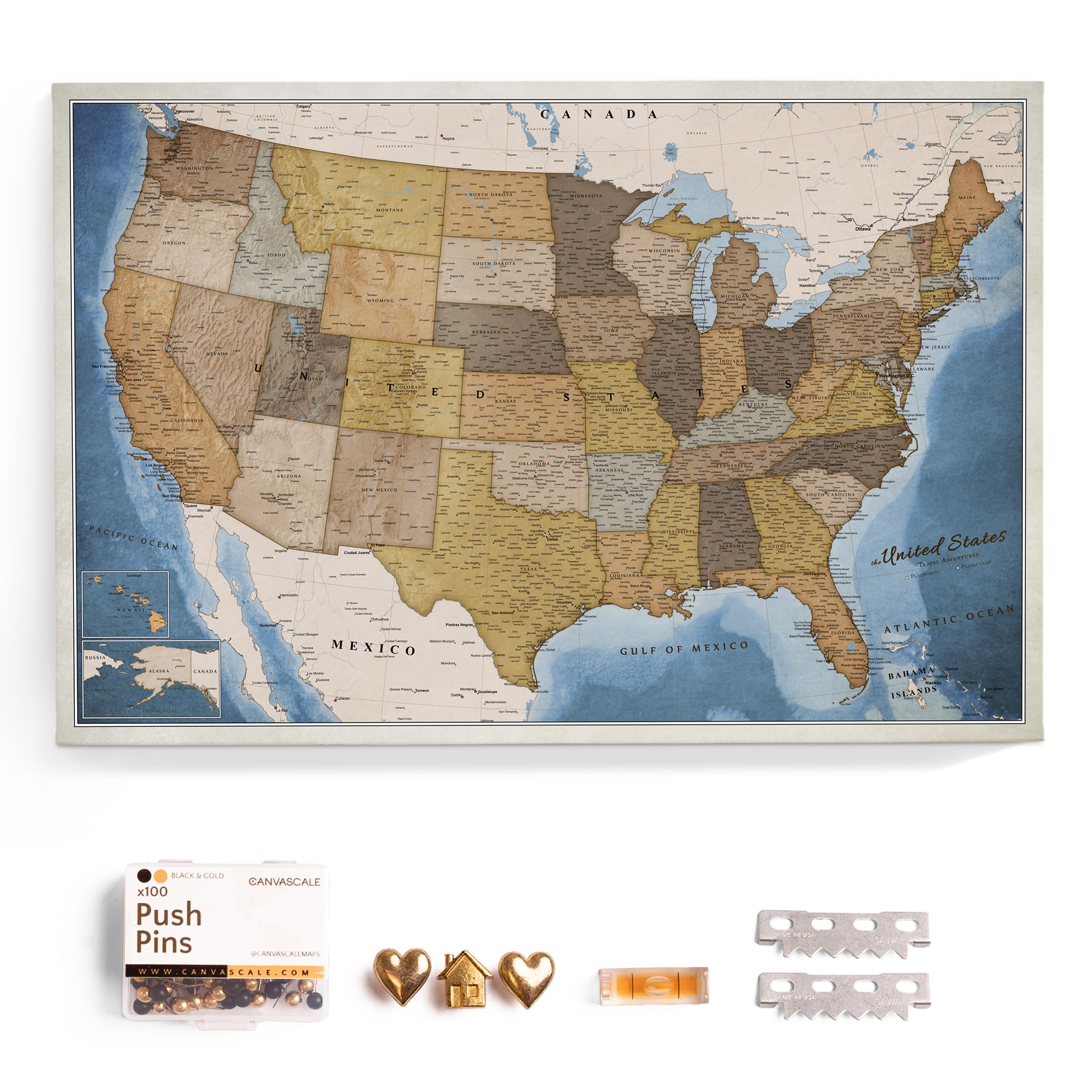 USA Map Canvas Wall Art with Cork Pin Board – Decorative Push Pin Travel Map for Home, Office, Living Room, Bedroom (120x80cm - Pattern 15)