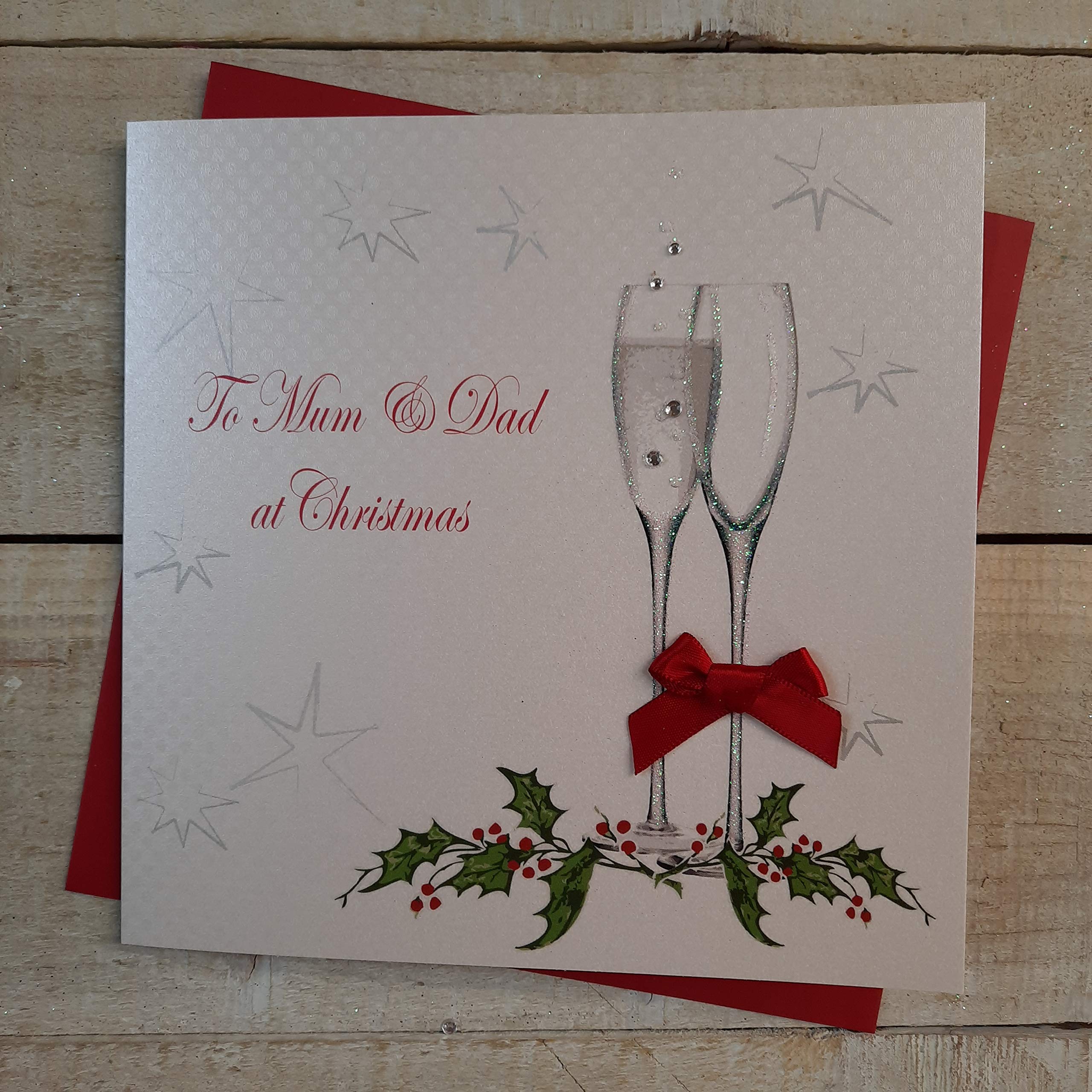 WHITE COTTON CARDS X53 To Mum and Dad At Christmas Handmade Christmas Card, White,16cm x 16cm