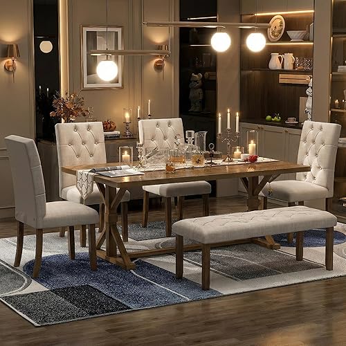 Juego de mesa de comedor de 6 piezas para 6 mesas rectangulares con 4 sillas tapizadas y banco, juego de mesa de comedor de madera maciza para