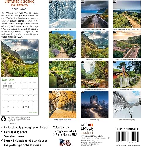Miniatura 2 de Red Ember Select Series Calendario de pared mensual colgante 2024 Untamed & Scenic Pathways 2024  12 x 24 pulgadas abierto  Papel grueso y