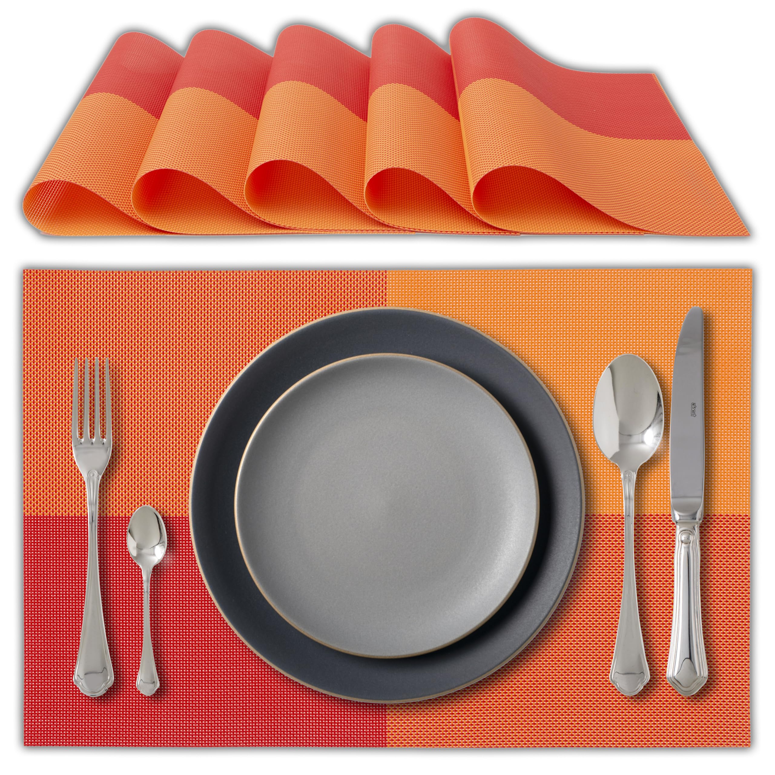 IPEA Elegant American Placemats 45 x 30 cm for Dinner, Lunch, Breakfast - 6 UNITS - Washable Placemats, Heat Resistant, Non-Slip, Stain Resistant for Kitchen and Dining Table - Orange