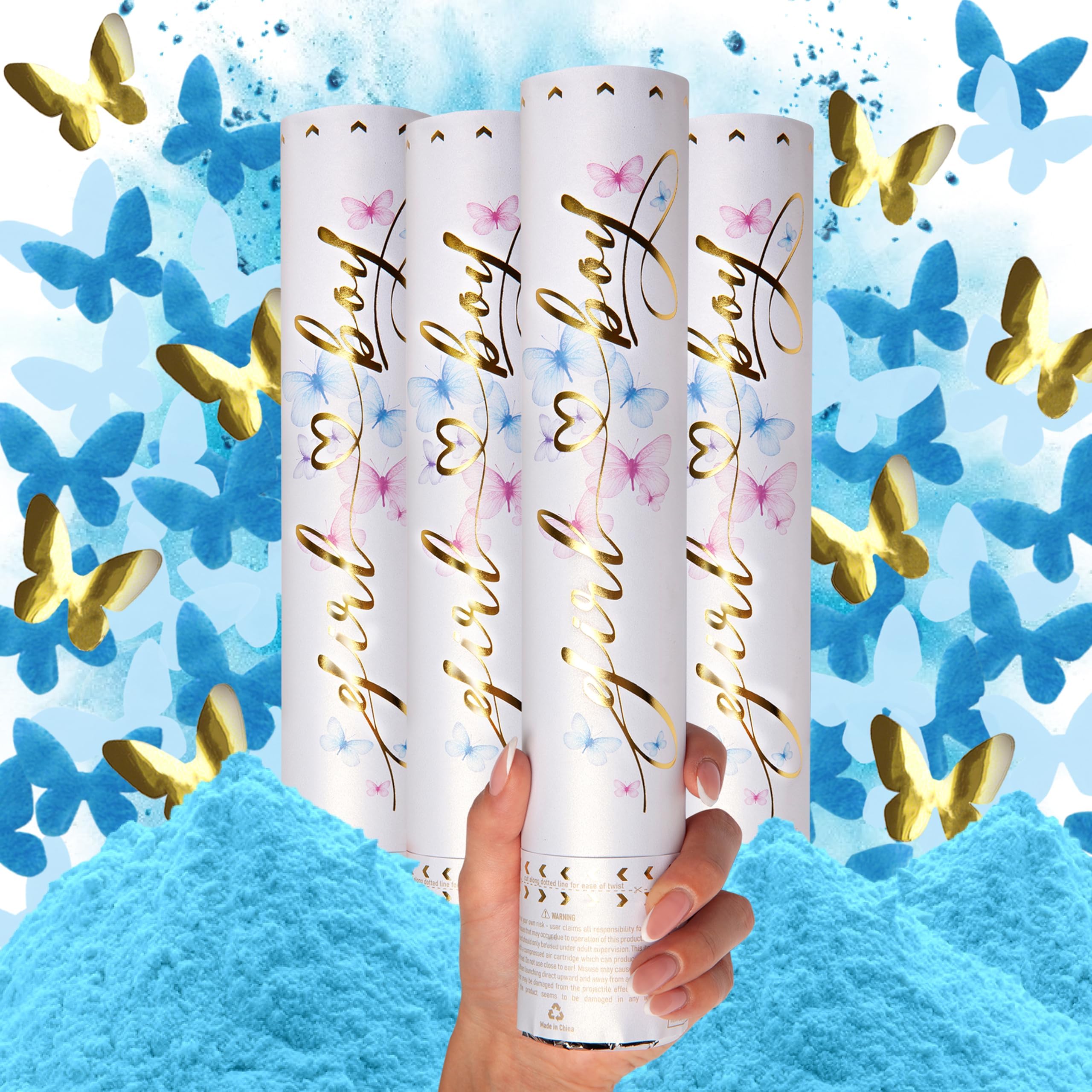 PrimePure Gender Reveal Confetti Cannon - Butterfly Confetti Popper & Biodegradable Powder Cannon - Blue, 4 Pack - Baby Boy Gender Reveal Smoke Bombs Baby Powder Blue Paper Party Poppers