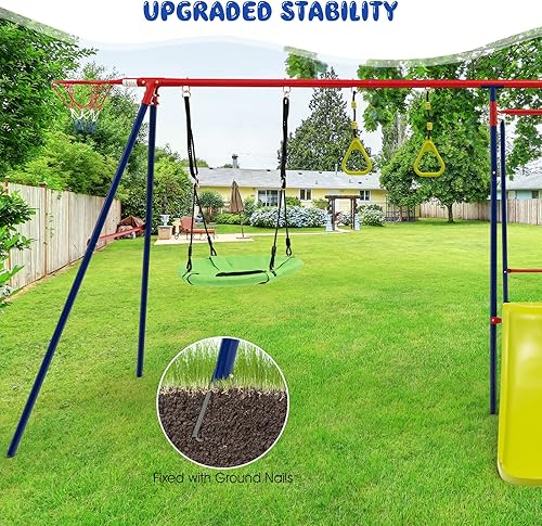 Vista 9 de OLAKIDS Juegos de columpios para patio trasero, 7 en 1 al aire libre, 660 libras, soporte de metal resistente con barra de mono para niños, juego