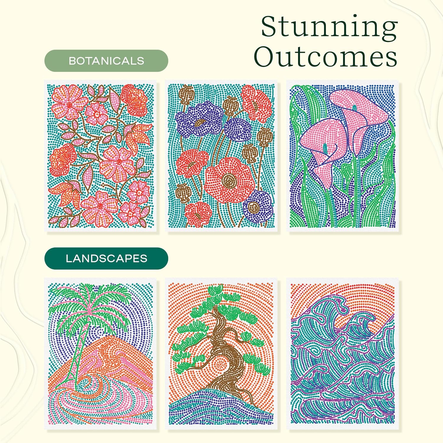 Lifelines FlowArt Activity Pads, 2-Pack & Bonus Pad - Guided Dot-by-Letter Art Meditations - 8 Double-Sided Markers & 48 Scenes - Color by Number/Letter Coloring Books for Tweens, Adults & Seniors