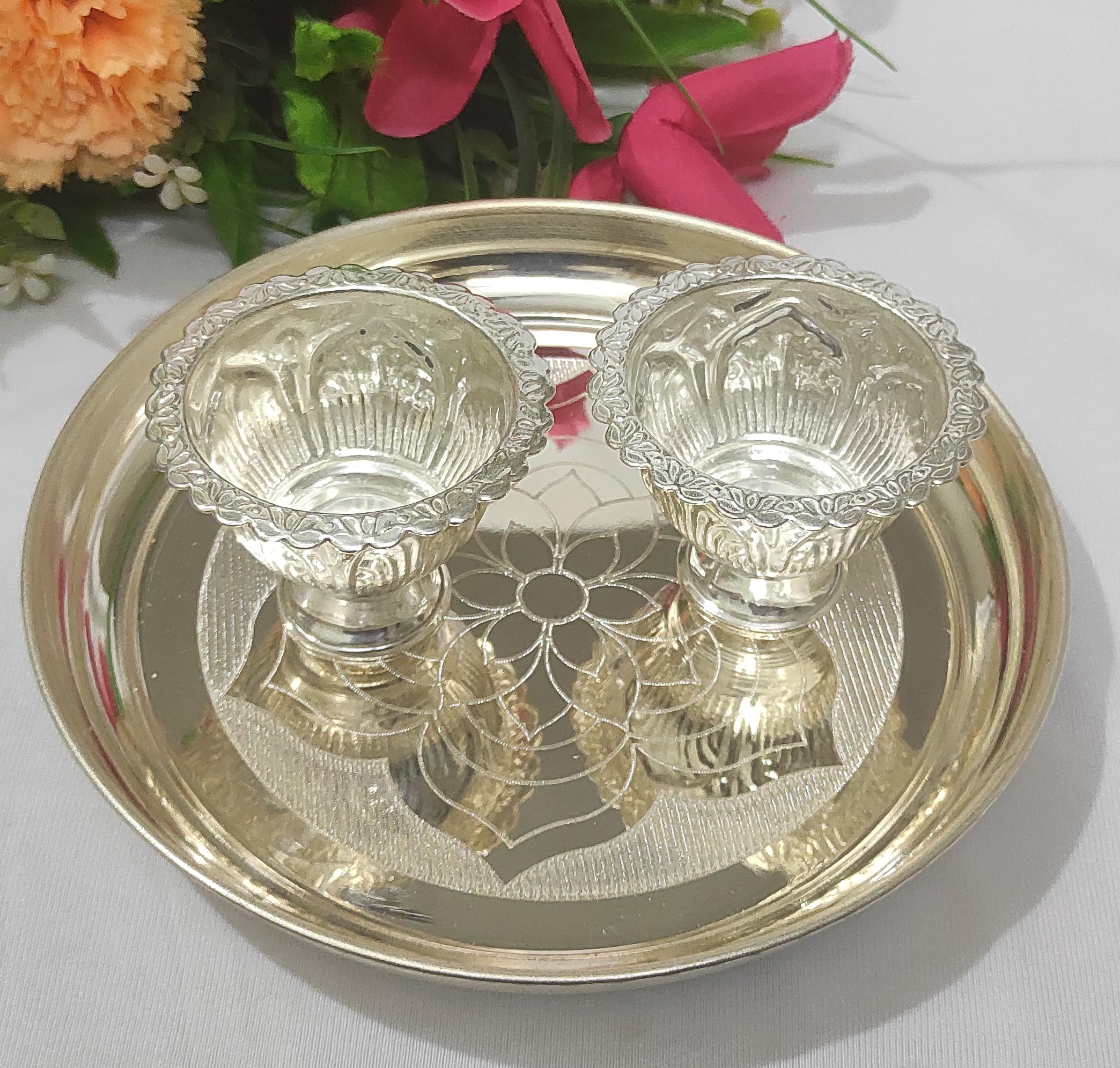 Samukkaras German Silver 8 Inch Plate with Chandhan Bowl Set for Functions and Pooja (Roun)-picture-39